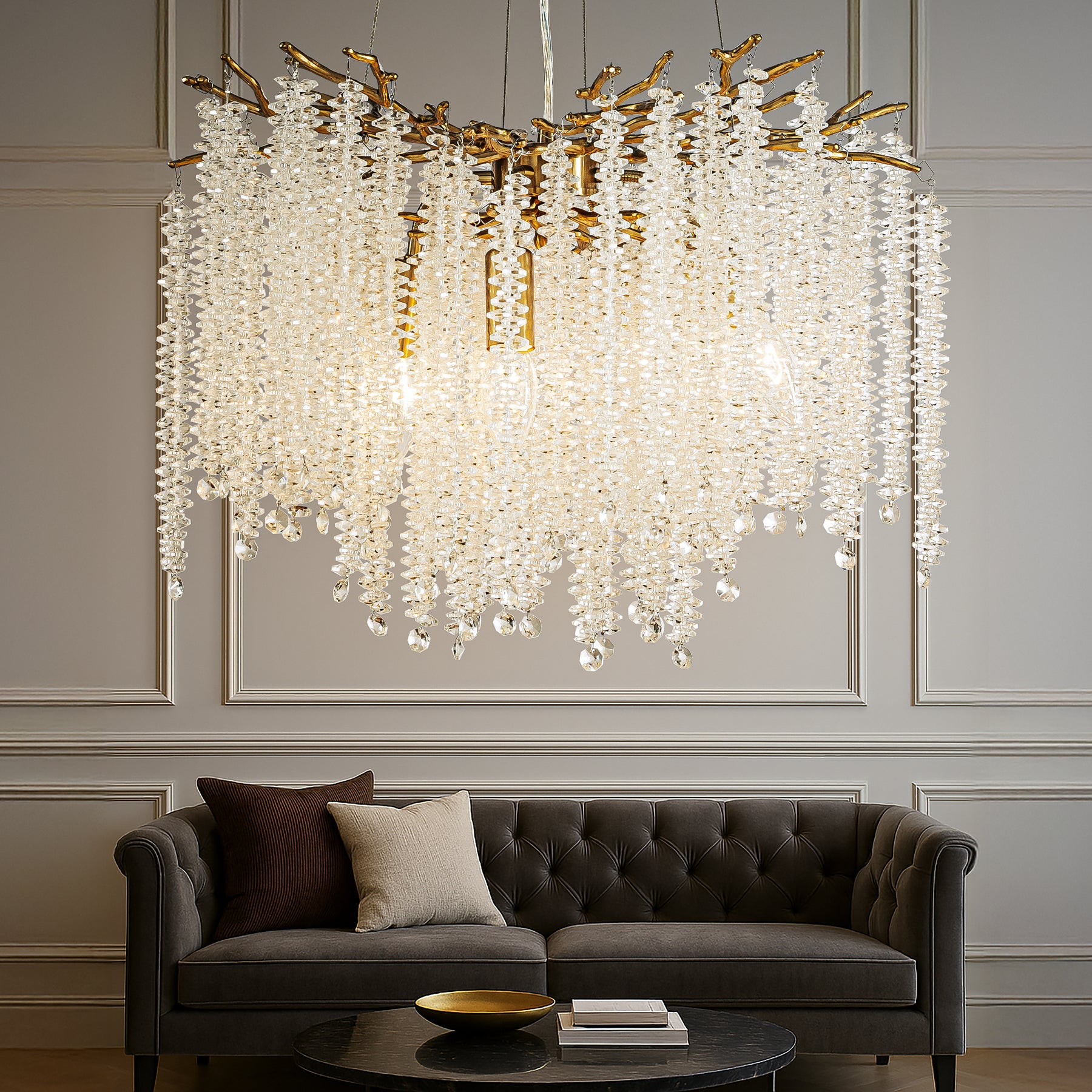 20'' Modern Glam Crystal Chandelier Antique Brass Branch Style 4-Light Pendant Ceiling Light for Dining Room Bedroom Living Room Entryway
