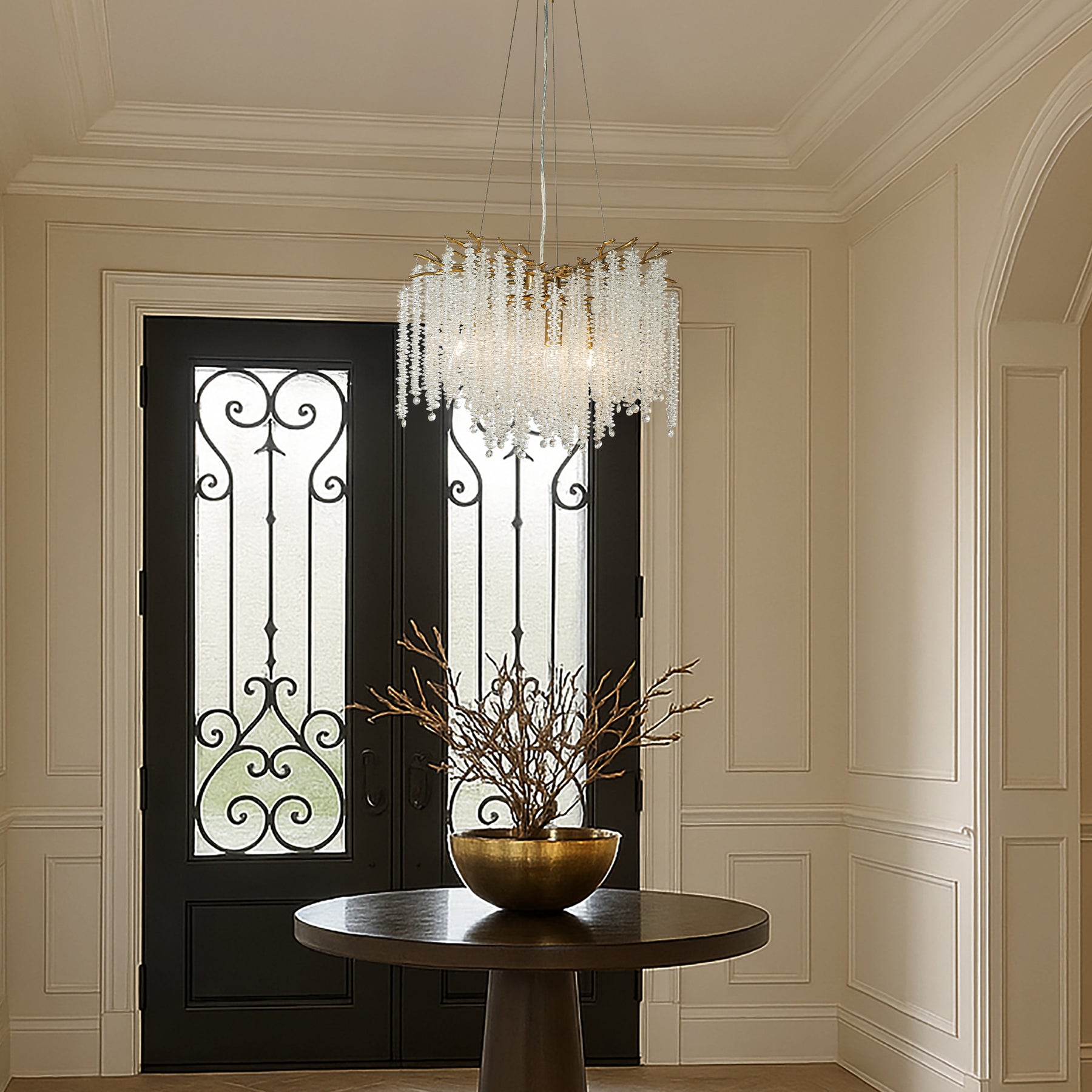 20'' Modern Glam Crystal Chandelier Antique Brass Branch Style 4-Light Pendant Ceiling Light for Dining Room Bedroom Living Room Entryway
