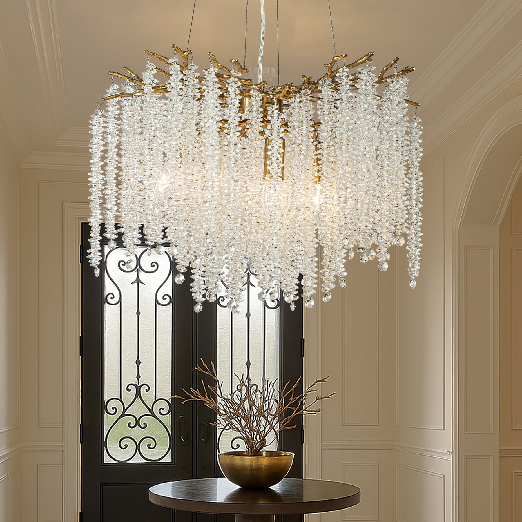 20'' Modern Glam Crystal Chandelier Antique Brass Branch Style 4-Light Pendant Ceiling Light for Dining Room Bedroom Living Room Entryway