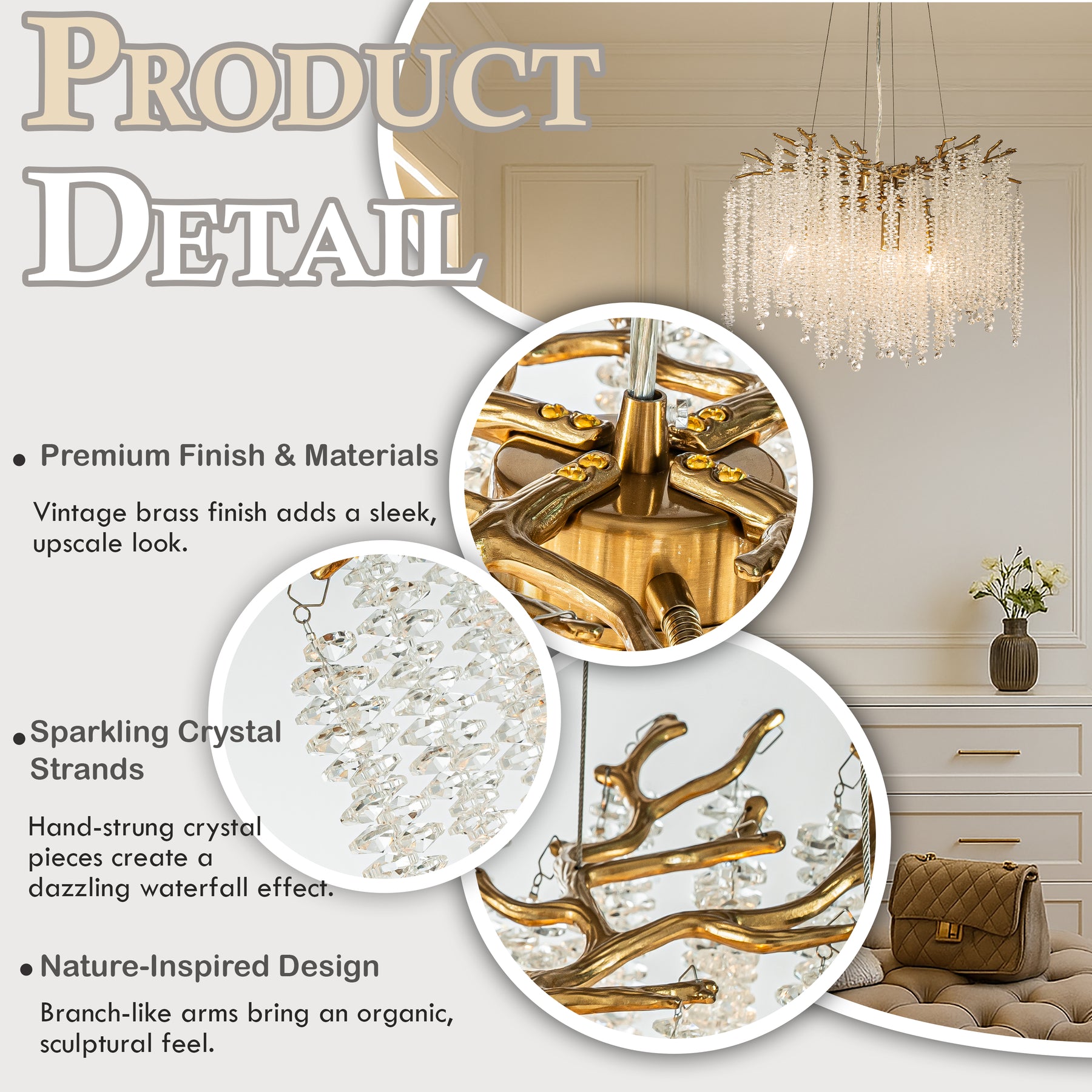 20'' Modern Glam Crystal Chandelier Antique Brass Branch Style 4-Light Pendant Ceiling Light for Dining Room Bedroom Living Room Entryway