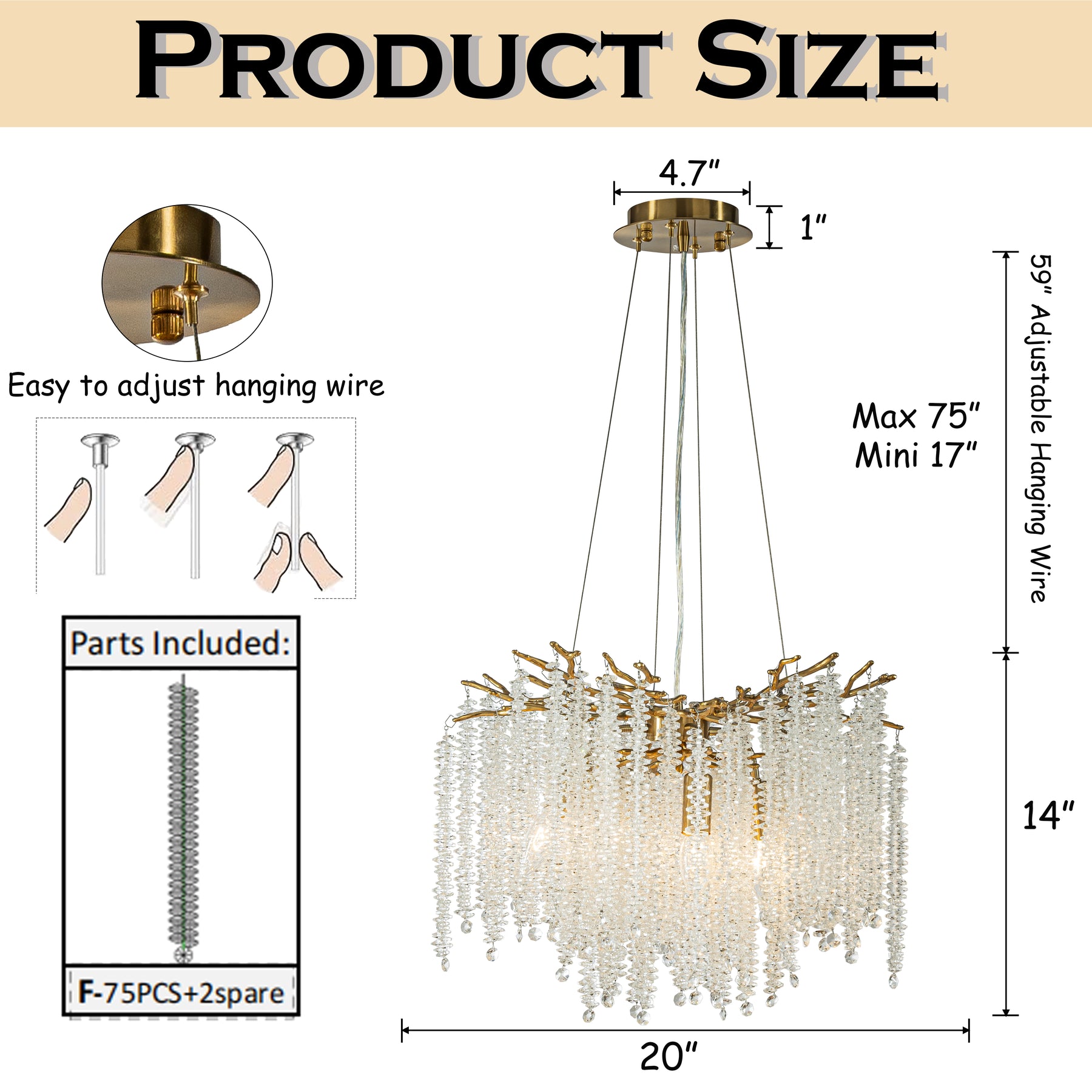 20'' Modern Glam Crystal Chandelier Antique Brass Branch Style 4-Light Pendant Ceiling Light for Dining Room Bedroom Living Room Entryway