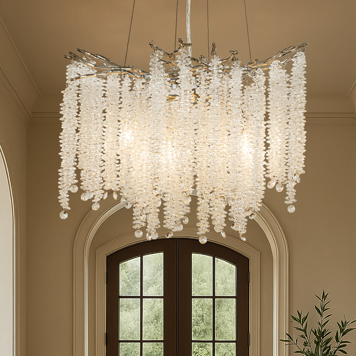 20'' Modern Glam Crystal Chandelier Polished Nickel Branch Style 4-Light Pendant Ceiling Light for Dining Room Bedroom Living Room Entryway