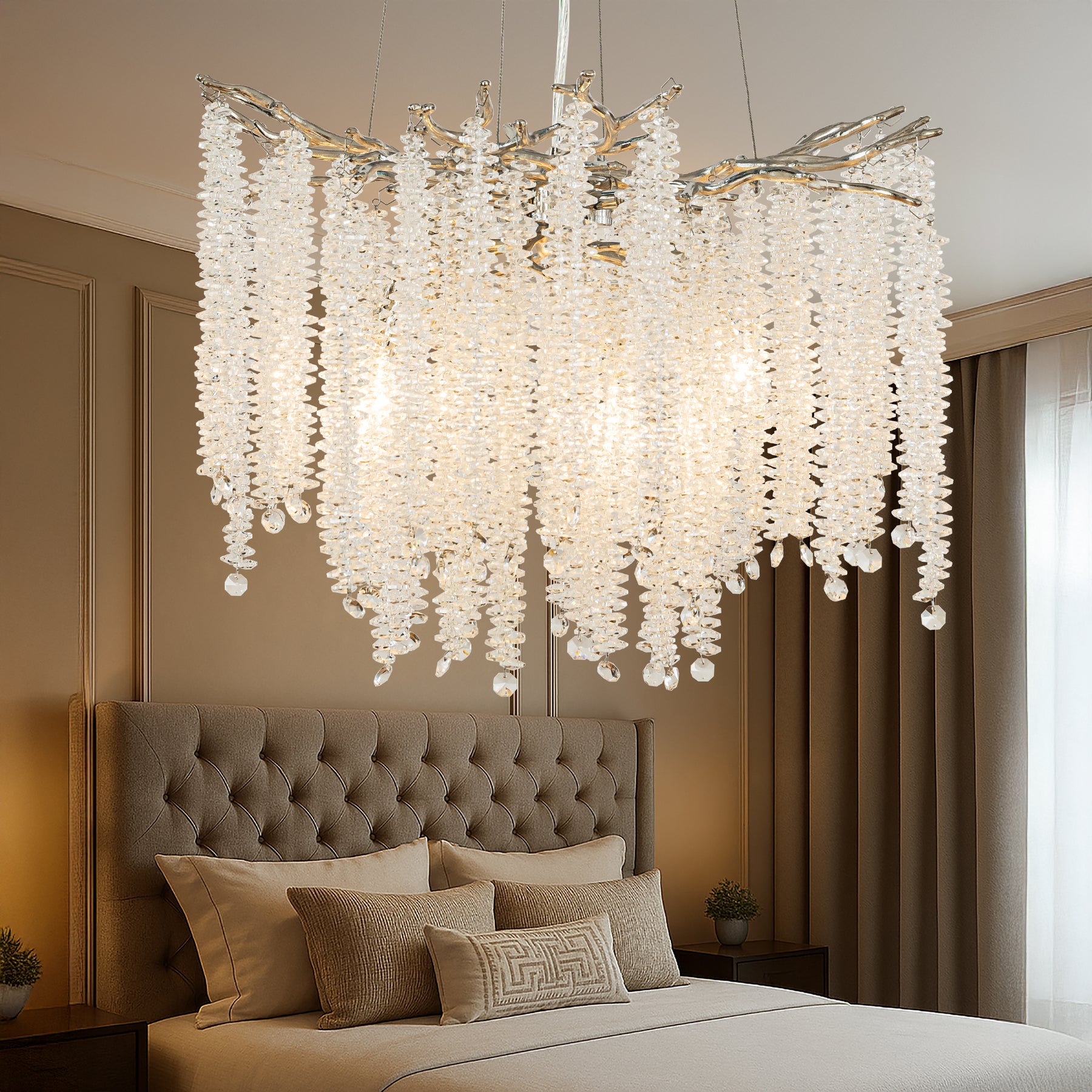 20'' Modern Glam Crystal Chandelier Polished Nickel Branch Style 4-Light Pendant Ceiling Light for Dining Room Bedroom Living Room Entryway