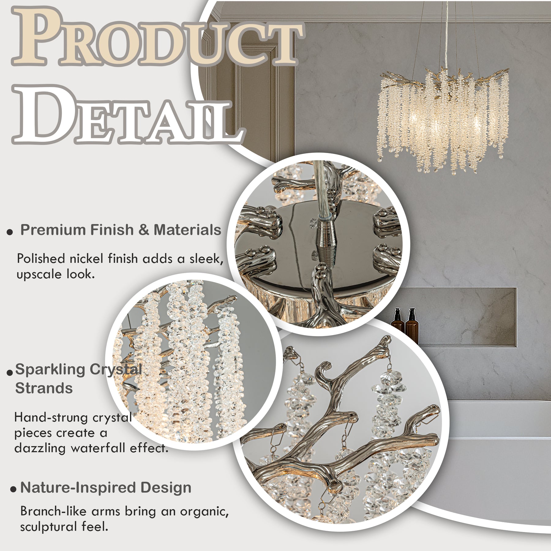20'' Modern Glam Crystal Chandelier Polished Nickel Branch Style 4-Light Pendant Ceiling Light for Dining Room Bedroom Living Room Entryway