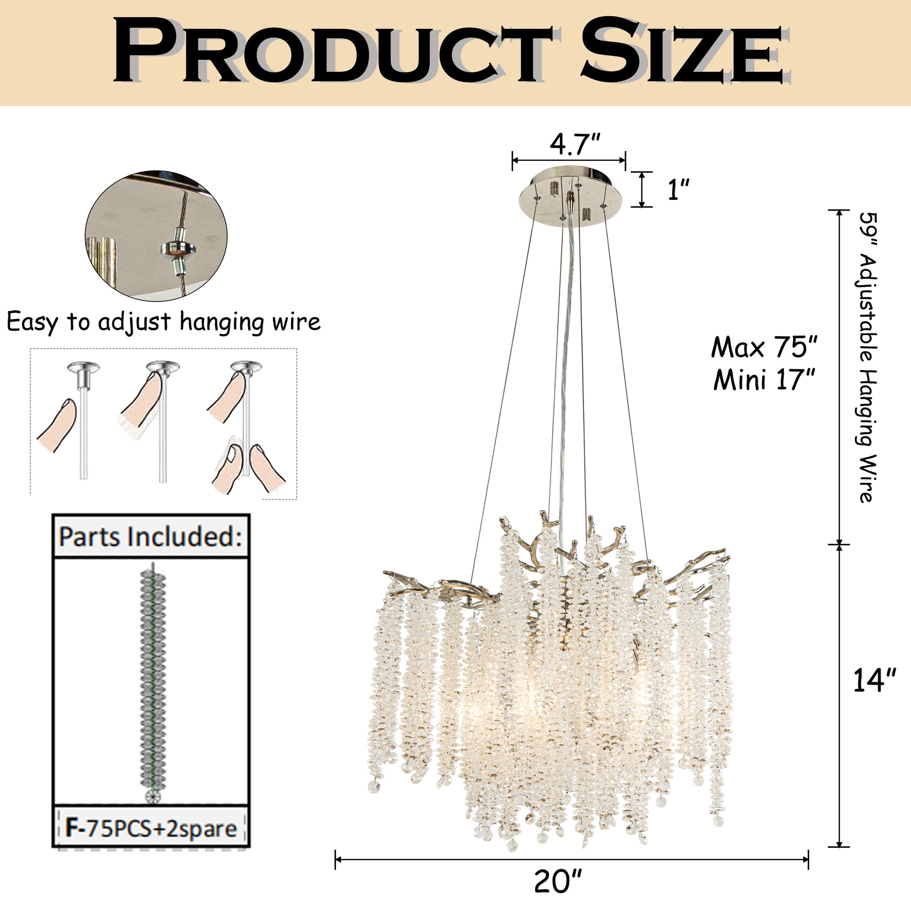 20'' Modern Glam Crystal Chandelier Polished Nickel Branch Style 4-Light Pendant Ceiling Light for Dining Room Bedroom Living Room Entryway