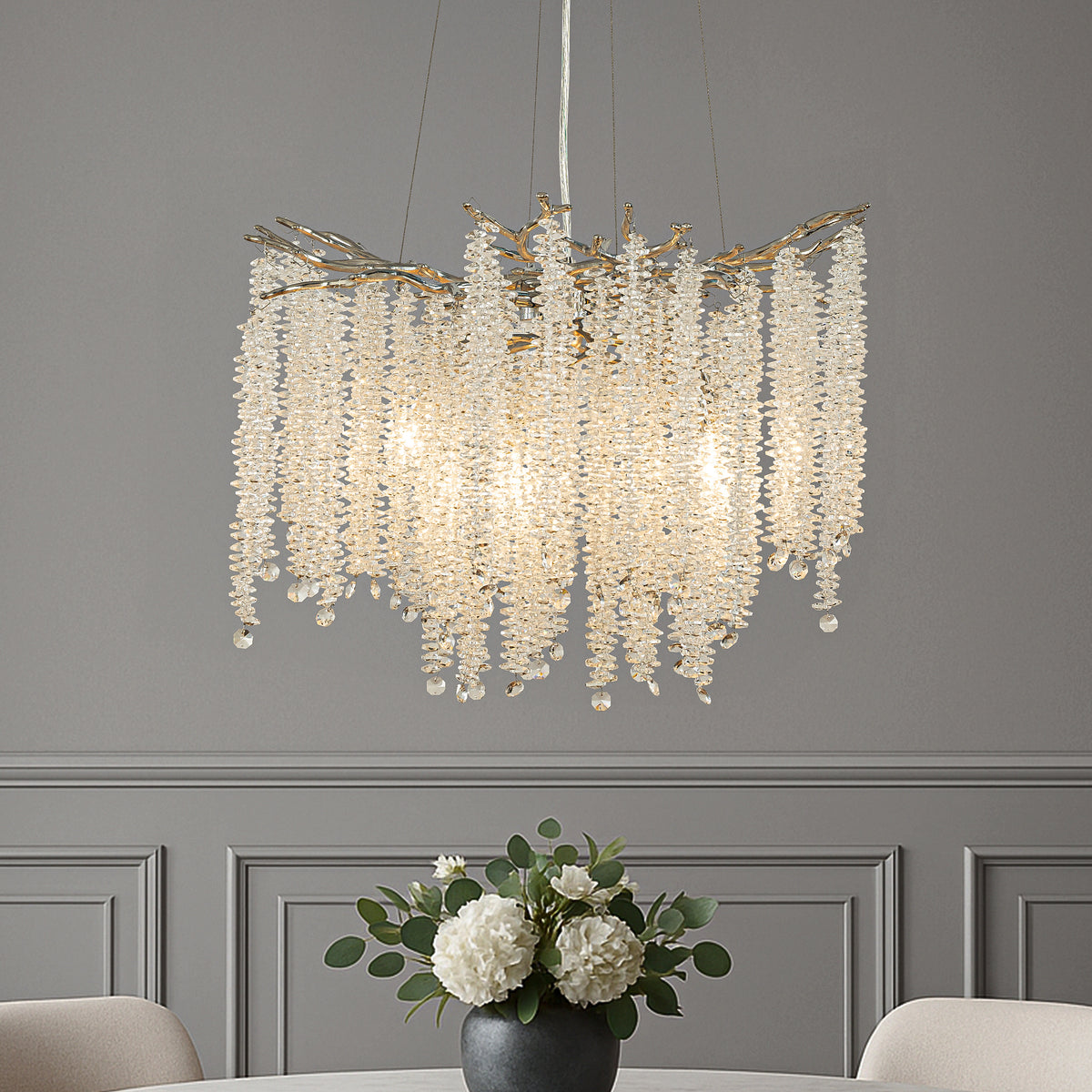 20'' Modern Glam Crystal Chandelier Polished Nickel Branch Style 4-Light Pendant Ceiling Light for Dining Room Bedroom Living Room Entryway