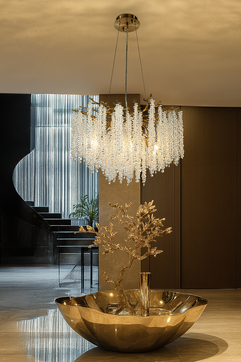 25'' Modern Glam Crystal Chandelier Antique Brass Branch Style 6-Light Pendant Ceiling Light for Dining Room Bedroom Living Room Entryway