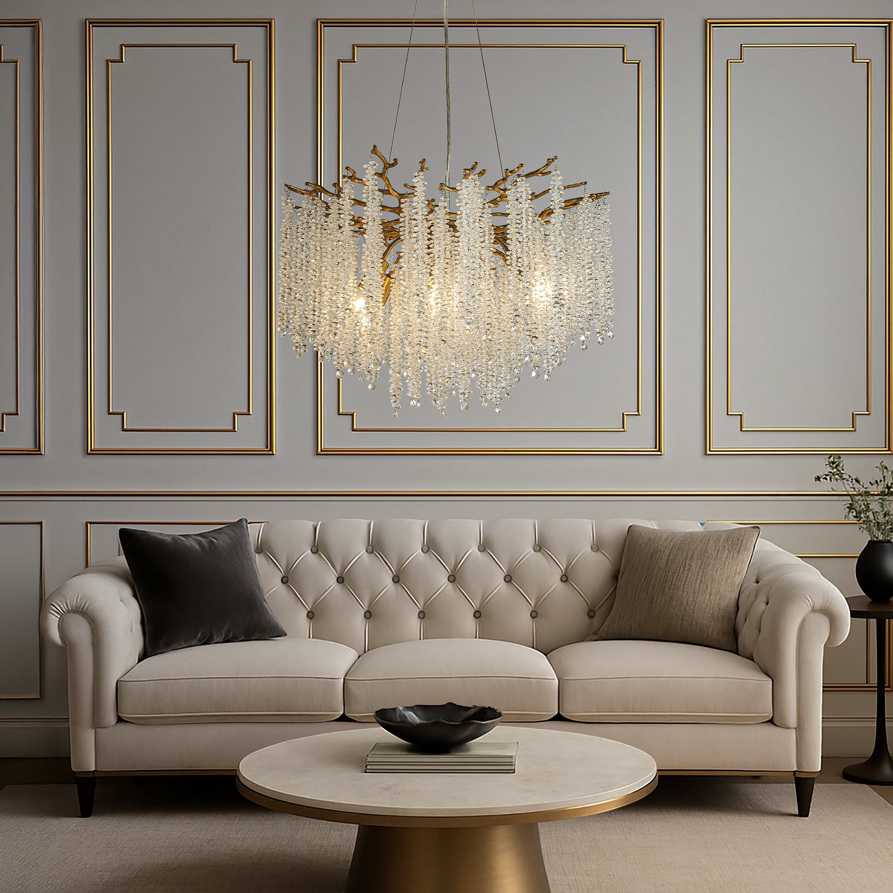 25'' Modern Glam Crystal Chandelier Antique Brass Branch Style 6-Light Pendant Ceiling Light for Dining Room Bedroom Living Room Entryway