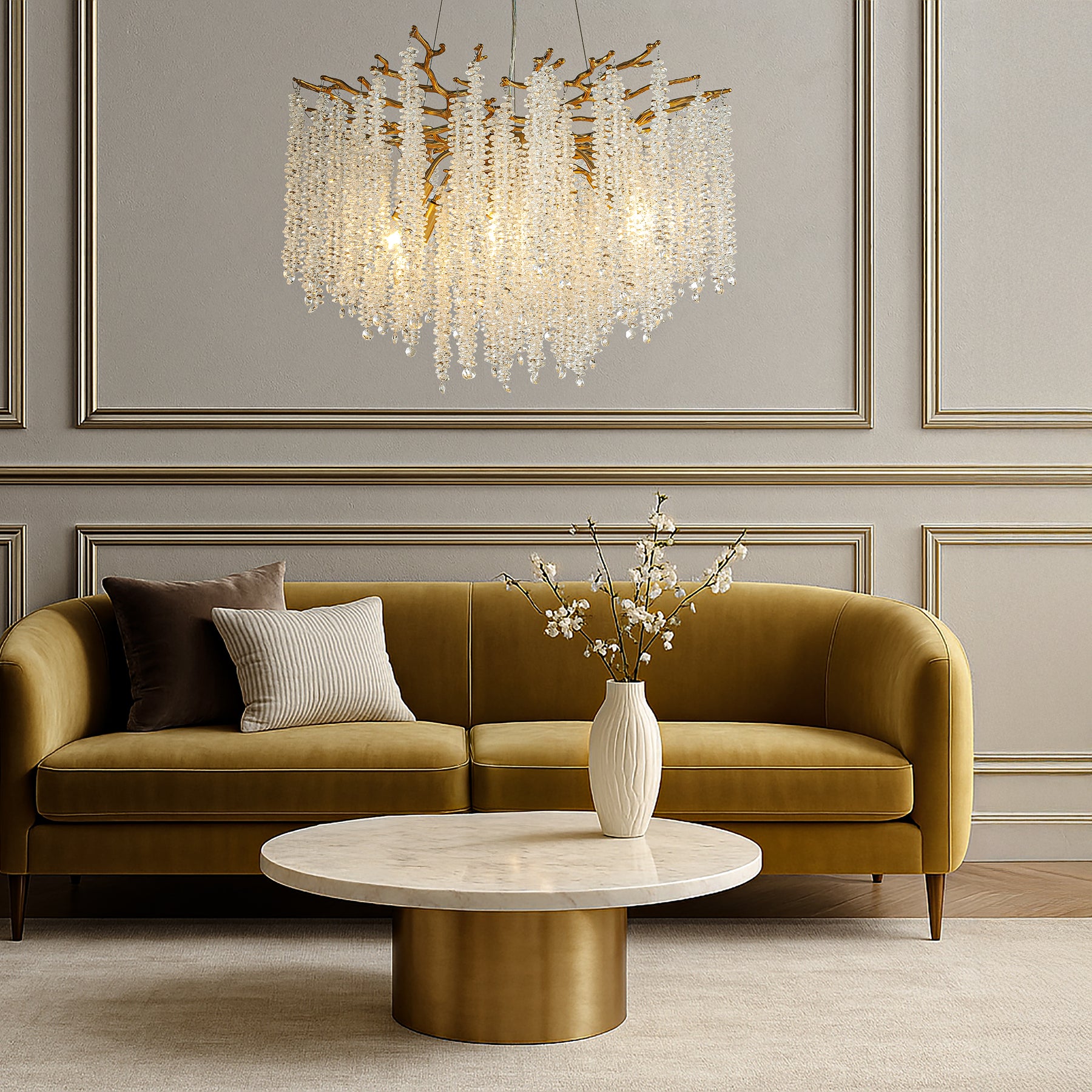 25'' Modern Glam Crystal Chandelier Antique Brass Branch Style 6-Light Pendant Ceiling Light for Dining Room Bedroom Living Room Entryway