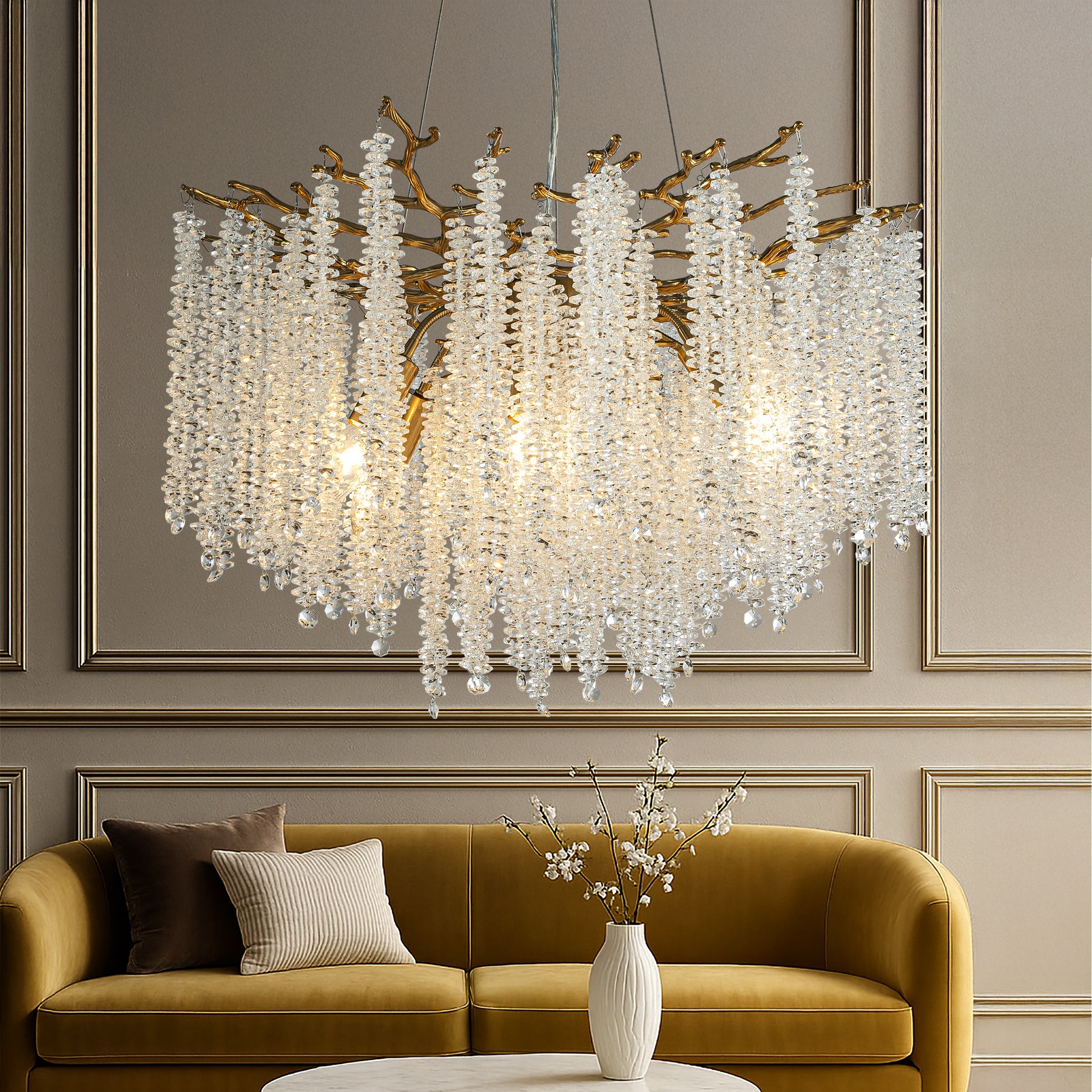 25'' Modern Glam Crystal Chandelier Antique Brass Branch Style 6-Light Pendant Ceiling Light for Dining Room Bedroom Living Room Entryway