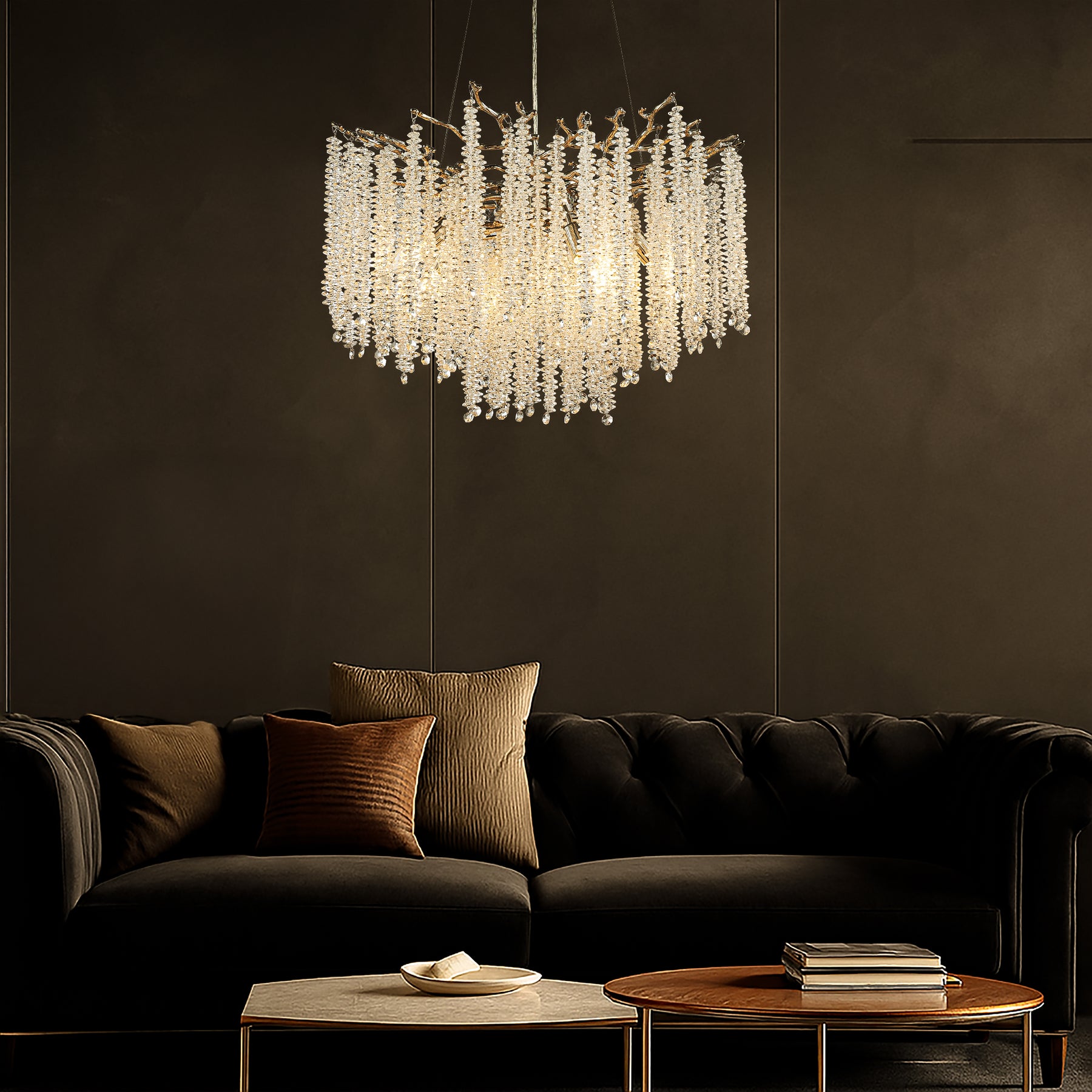 25'' Modern Glam Crystal Chandelier Polished Nickel Branch Style 6-Light Pendant Ceiling Light for Dining Room Bedroom Living Room Entryway