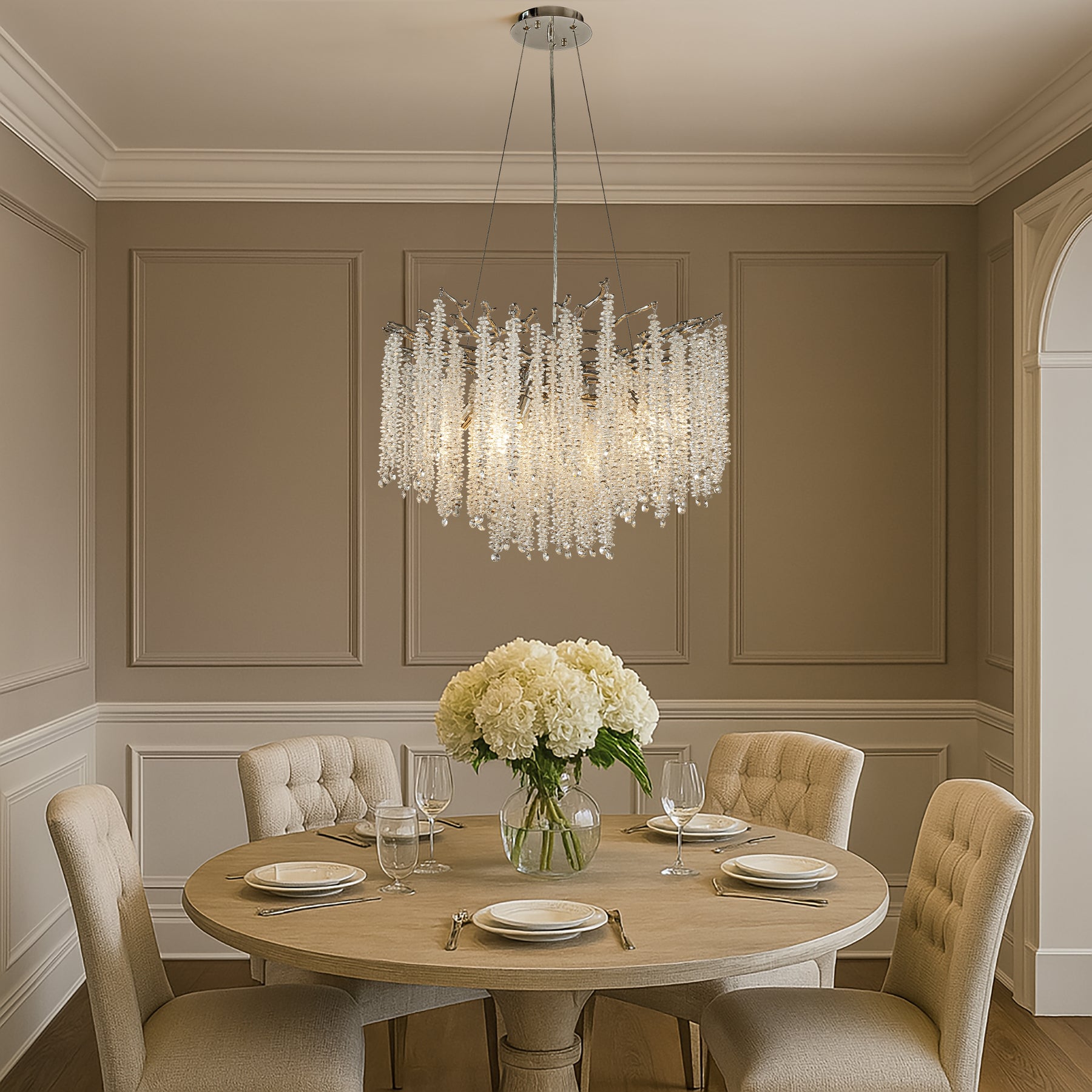 25'' Modern Glam Crystal Chandelier Polished Nickel Branch Style 6-Light Pendant Ceiling Light for Dining Room Bedroom Living Room Entryway