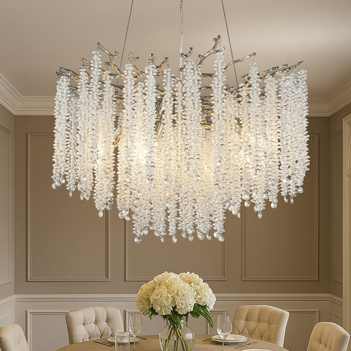 25'' Modern Glam Crystal Chandelier Polished Nickel Branch Style 6-Light Pendant Ceiling Light for Dining Room Bedroom Living Room Entryway