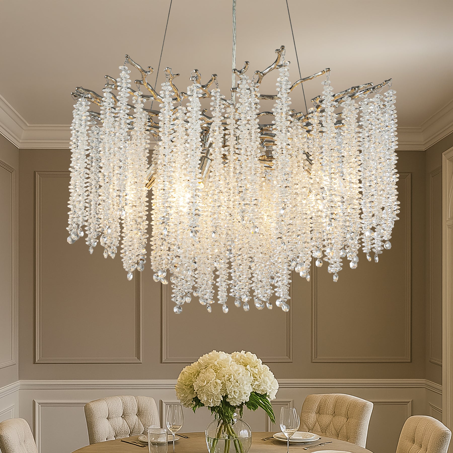 25'' Modern Glam Crystal Chandelier Polished Nickel Branch Style 6-Light Pendant Ceiling Light for Dining Room Bedroom Living Room Entryway