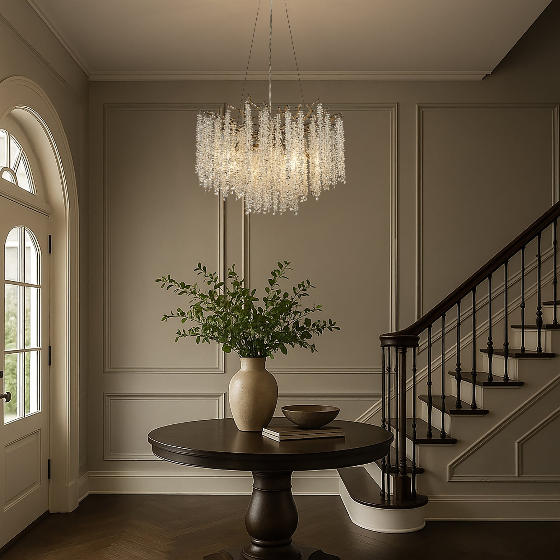 25'' Modern Glam Crystal Chandelier Polished Nickel Branch Style 6-Light Pendant Ceiling Light for Dining Room Bedroom Living Room Entryway