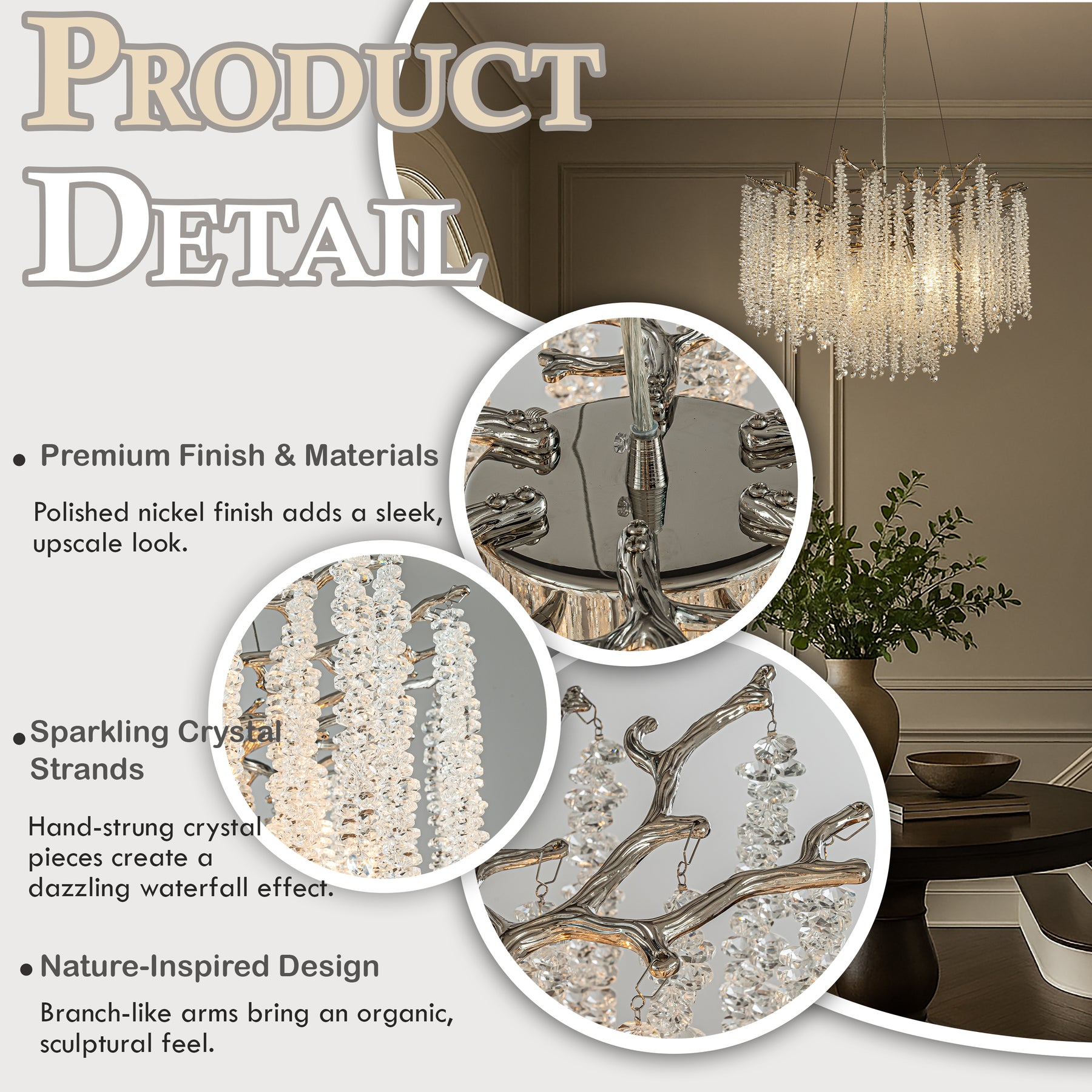 25'' Modern Glam Crystal Chandelier Polished Nickel Branch Style 6-Light Pendant Ceiling Light for Dining Room Bedroom Living Room Entryway