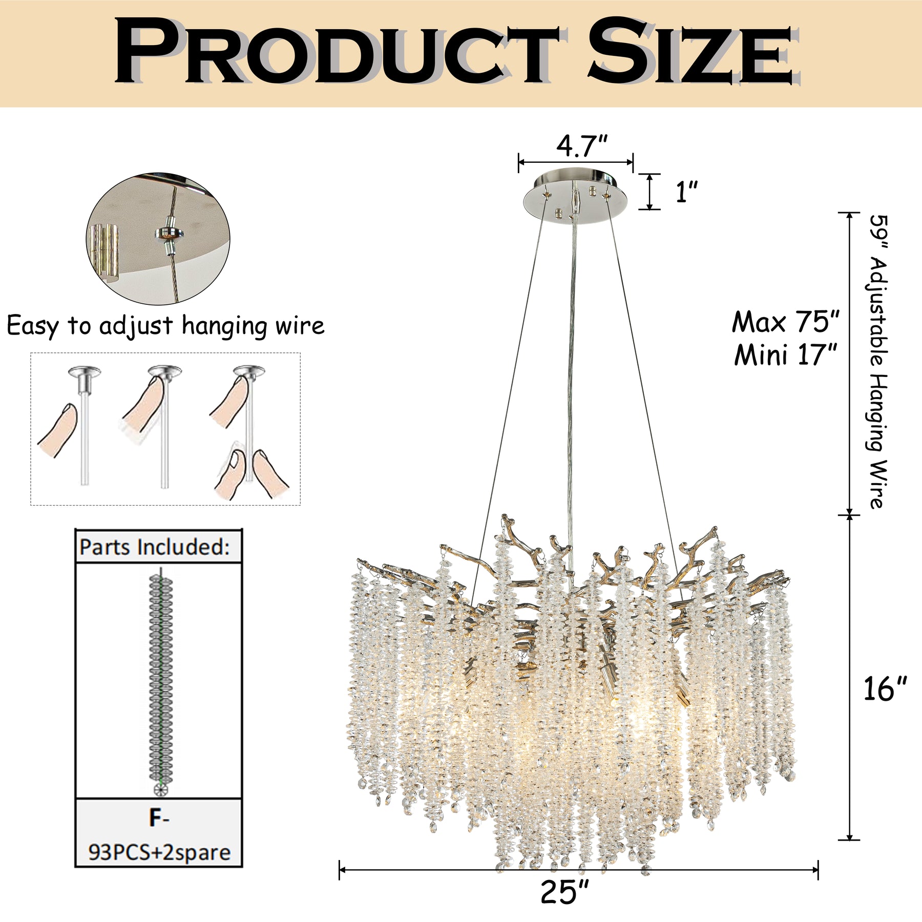 25'' Modern Glam Crystal Chandelier Polished Nickel Branch Style 6-Light Pendant Ceiling Light for Dining Room Bedroom Living Room Entryway