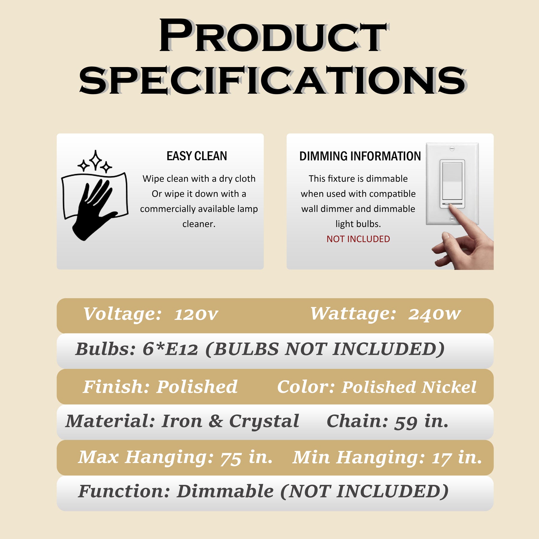 25'' Modern Glam Crystal Chandelier Polished Nickel Branch Style 6-Light Pendant Ceiling Light for Dining Room Bedroom Living Room Entryway