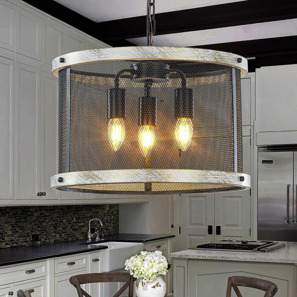 3-Light 16" Black Mesh And Weathered White Wood Frame Rustic Farmhouse Drum Chandelier Pendant Dining Room Industrial Chandelier