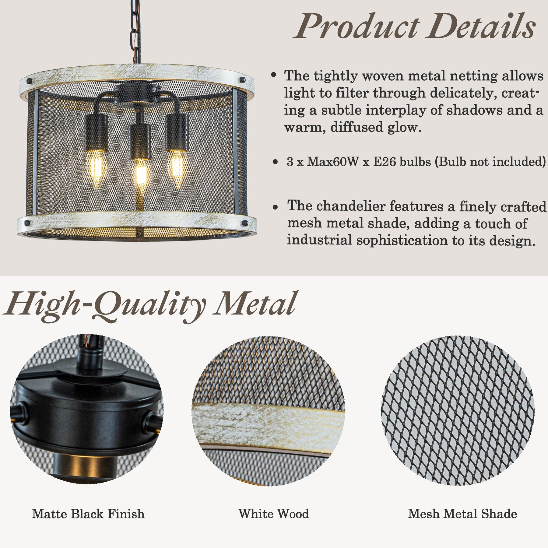 3-Light 16" Black Mesh And Weathered White Wood Frame Rustic Farmhouse Drum Chandelier Pendant Dining Room Industrial Chandelier