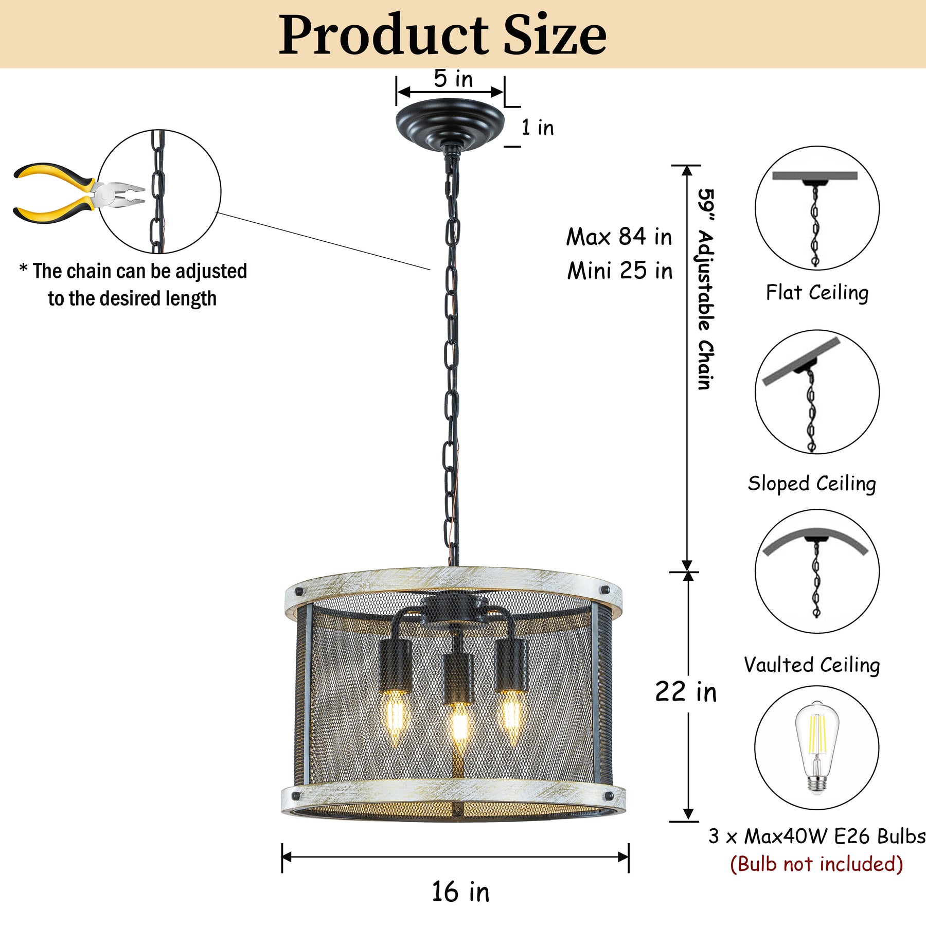 3-Light 16" Black Mesh And Weathered White Wood Frame Rustic Farmhouse Drum Chandelier Pendant Dining Room Industrial Chandelier