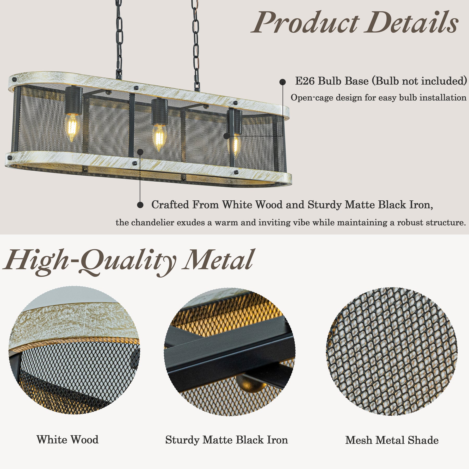 32 in. 3-Light Black Mesh Kitchen Island Chandelier with Rectangle Weathered White Wood Frame