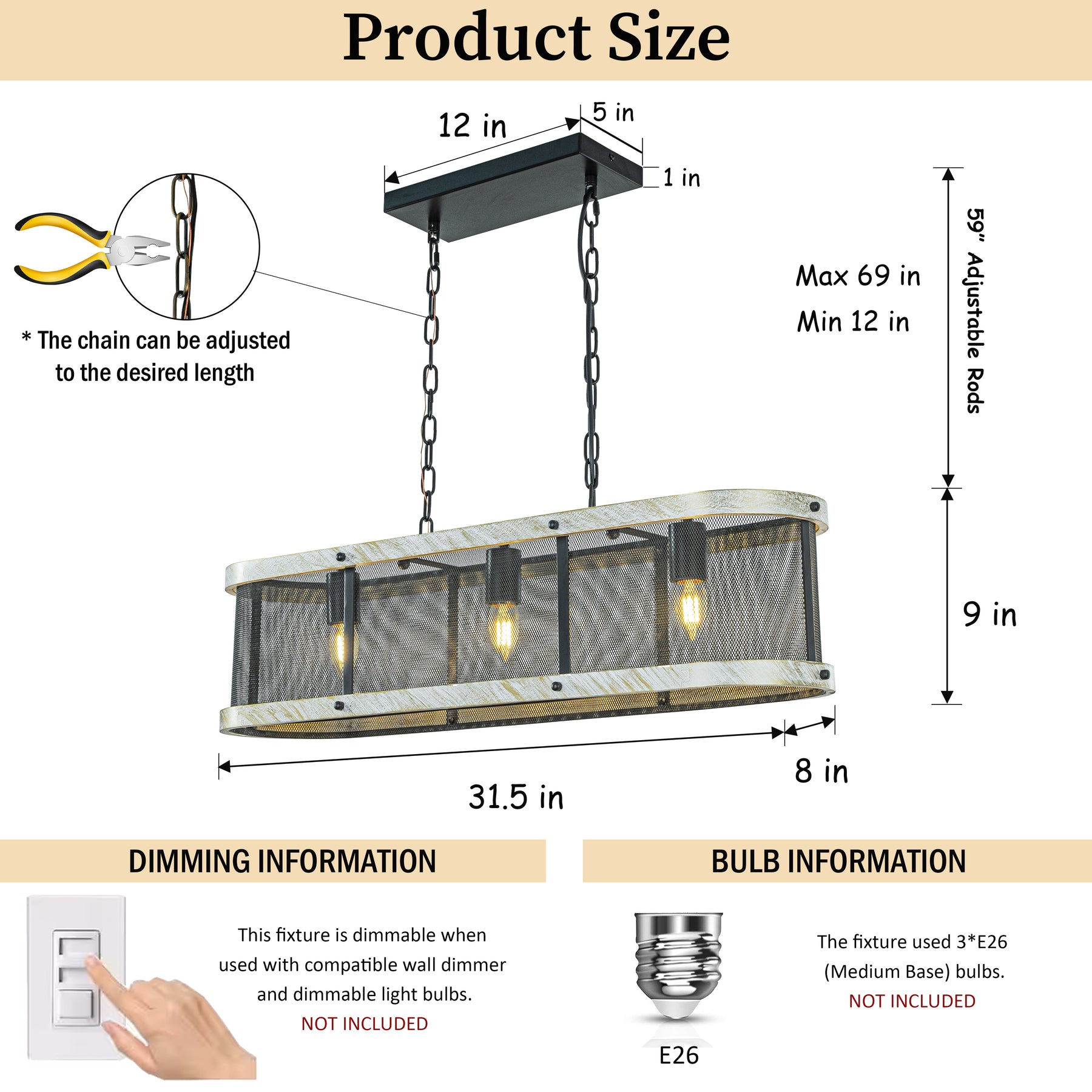 32 in. 3-Light Black Mesh Kitchen Island Chandelier with Rectangle Weathered White Wood Frame