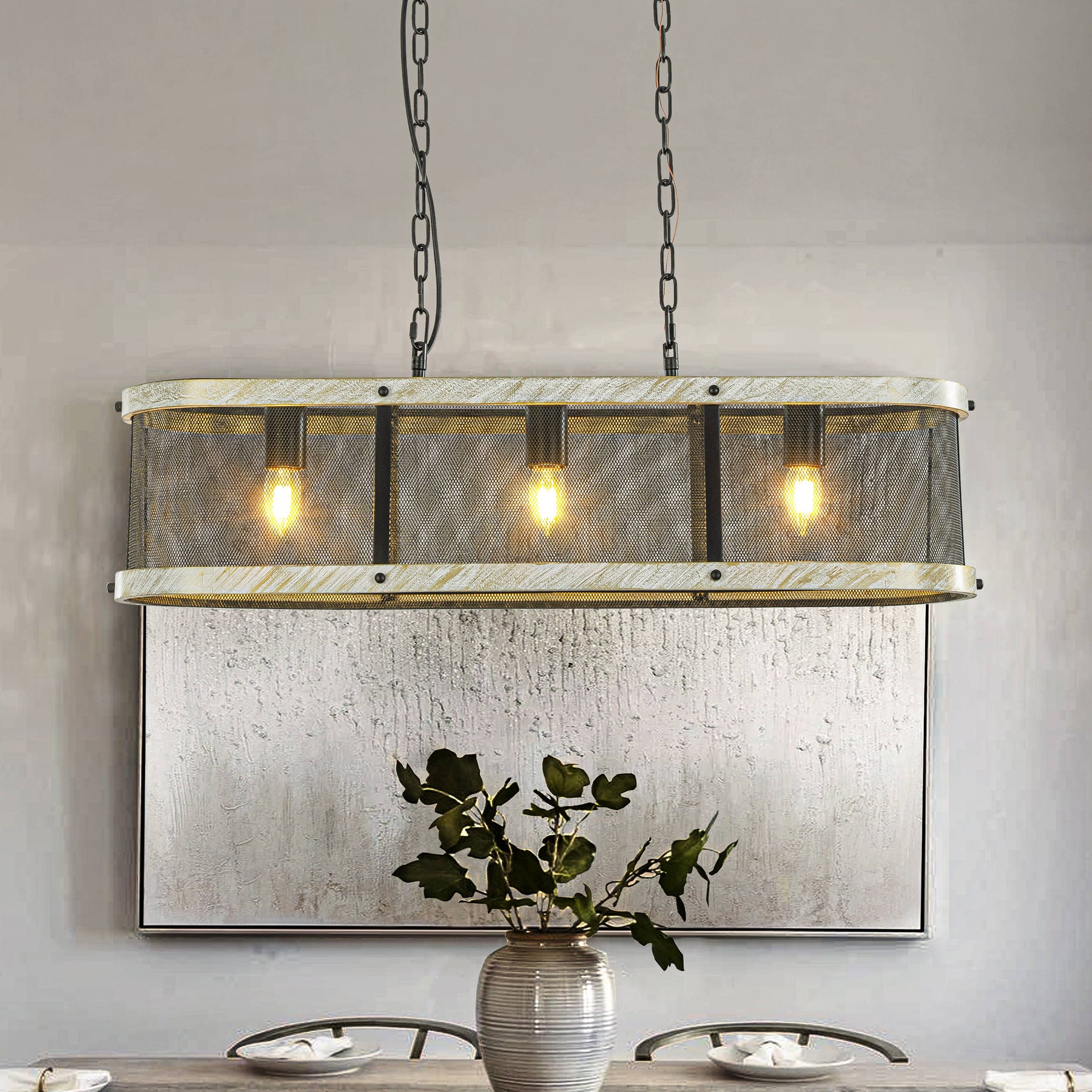 32 in. 3-Light Black Mesh Kitchen Island Chandelier with Rectangle Weathered White Wood Frame