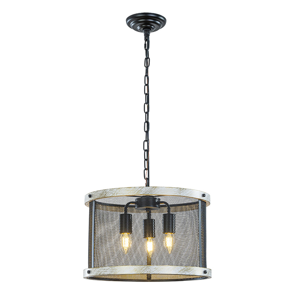 3-Light 16" Black Mesh And Weathered White Wood Frame Rustic Farmhouse Drum Chandelier Pendant Dining Room Industrial Chandelier