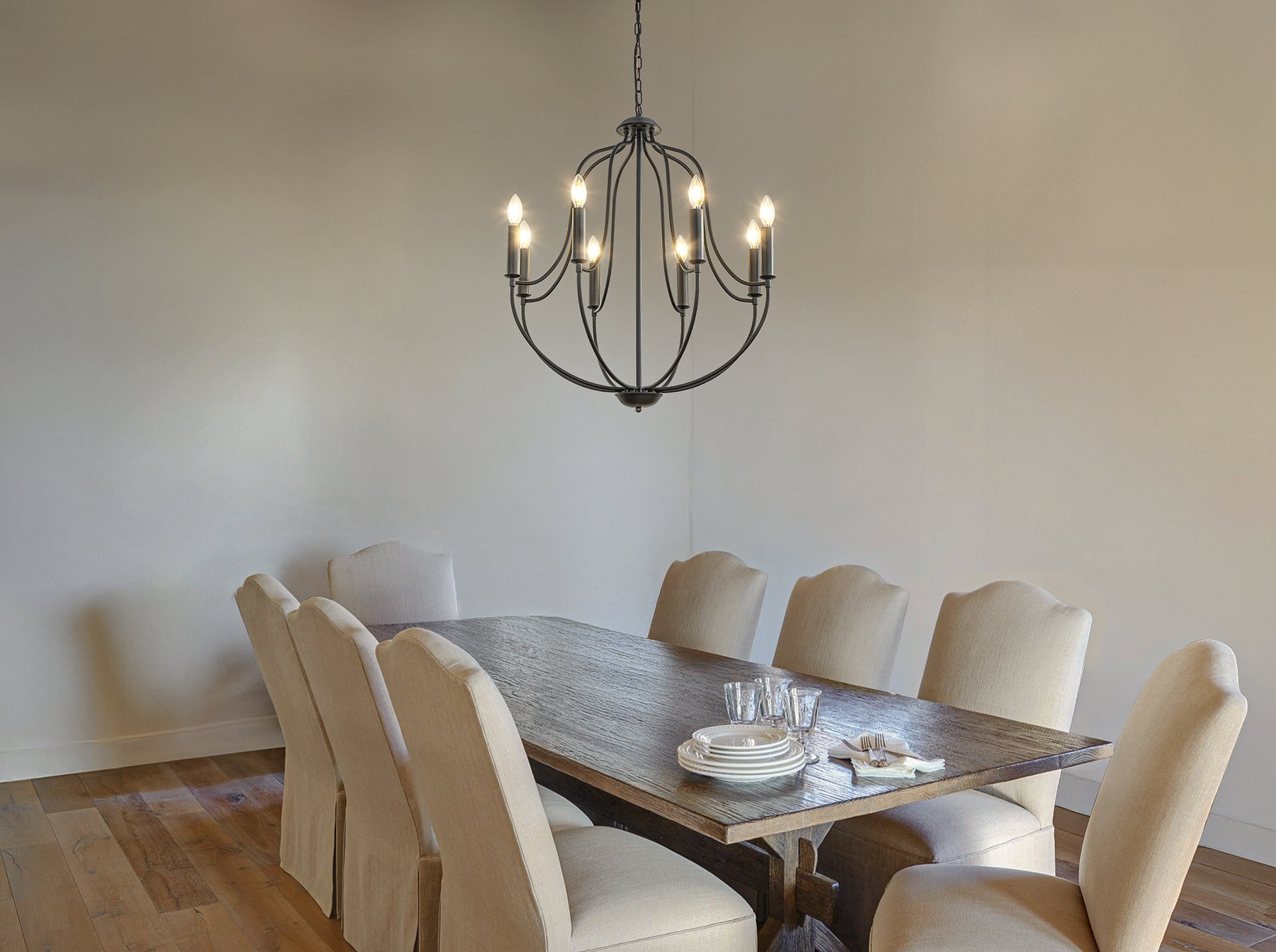 26'' 8-Light Modern Matt Black Classic Candelabra Chandelier Farmhouse Candle Pendant Light For Living Room Dining Room And Entryway