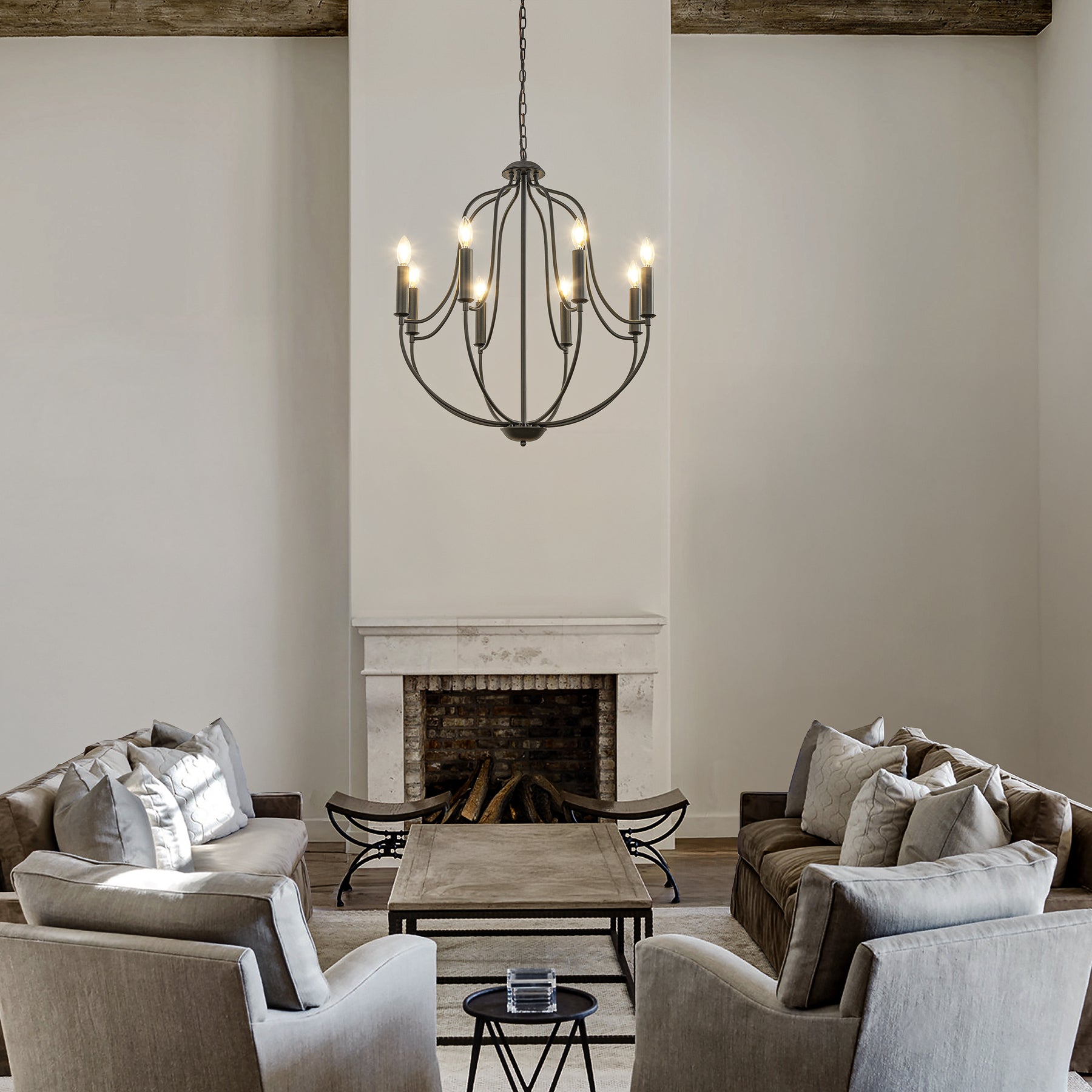 26'' 8-Light Modern Matt Black Classic Candelabra Chandelier Farmhouse Candle Pendant Light For Living Room Dining Room And Entryway