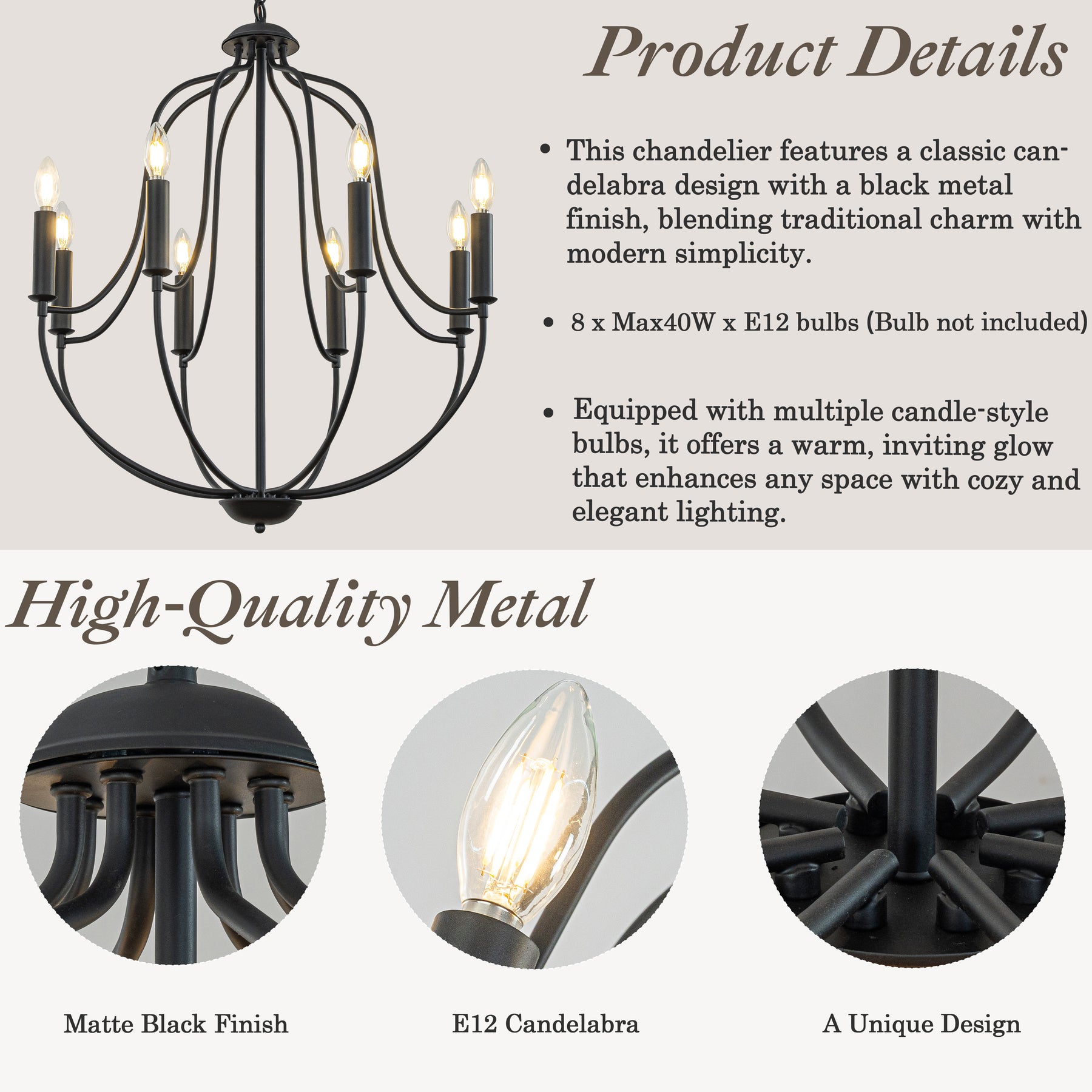 26'' 8-Light Modern Matt Black Classic Candelabra Chandelier Farmhouse Candle Pendant Light For Living Room Dining Room And Entryway