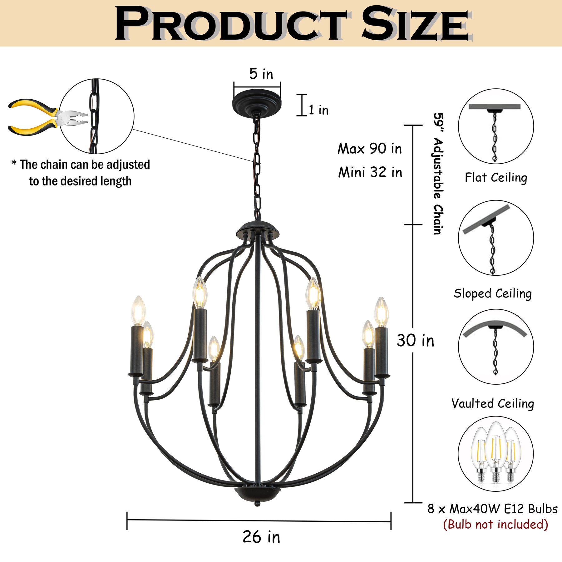 26'' 8-Light Modern Matt Black Classic Candelabra Chandelier Farmhouse Candle Pendant Light For Living Room Dining Room And Entryway
