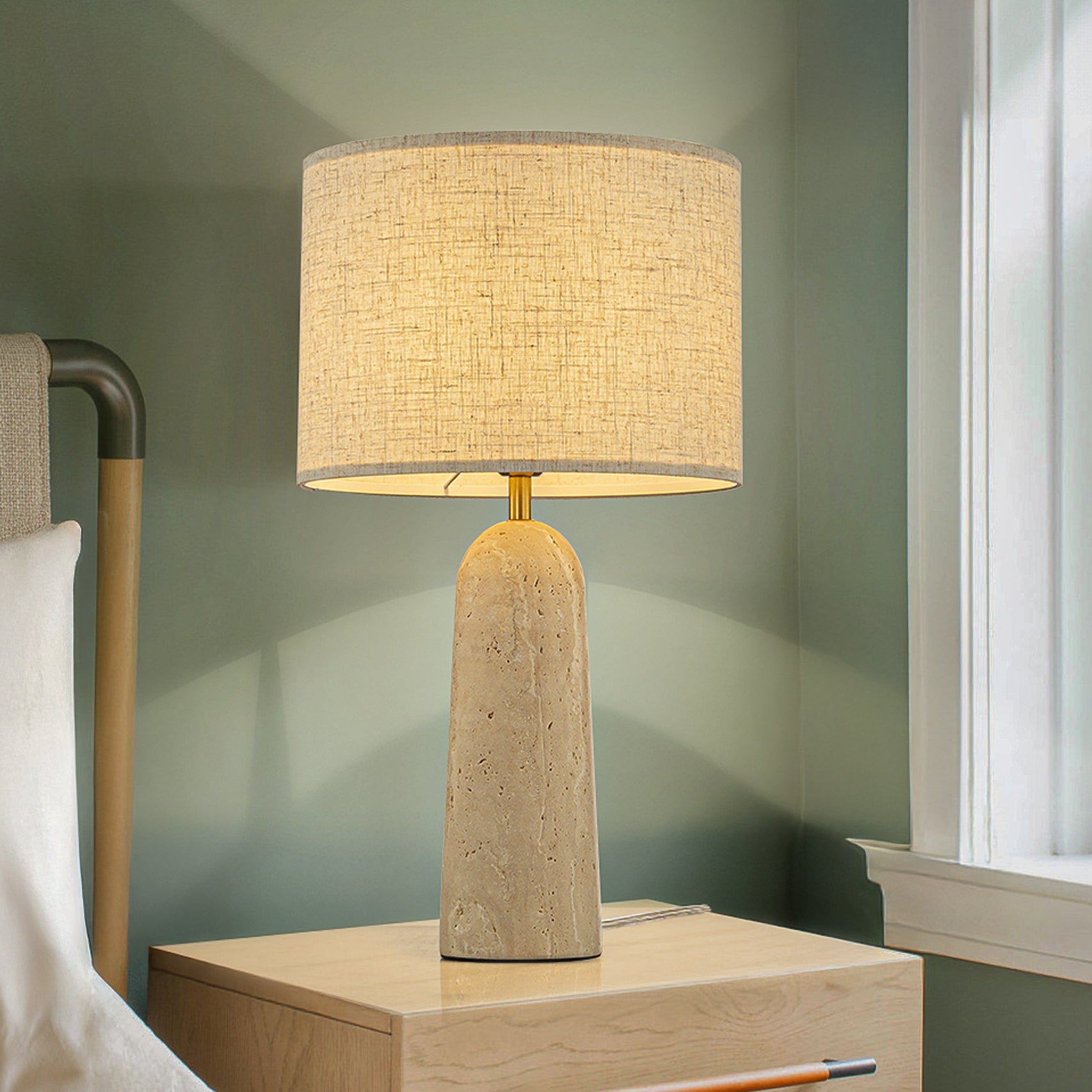 1-Light 21'' Vintage Classic Natural Travetine Tapered Table Lamp With Beige Linen Shade For Bedroom and Living Room