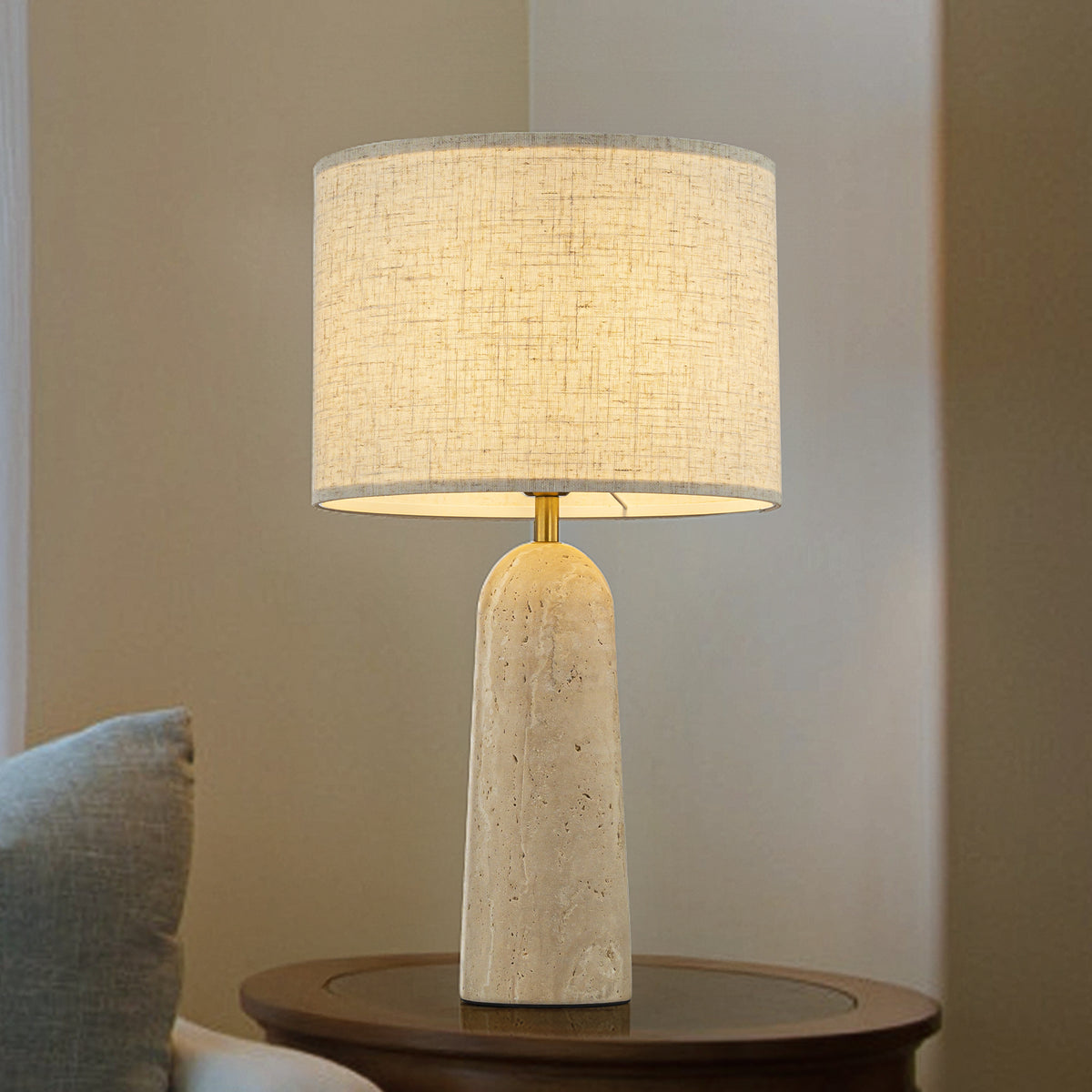 1-Light 21'' Vintage Classic Natural Travetine Tapered Table Lamp With Beige Linen Shade For Bedroom and Living Room