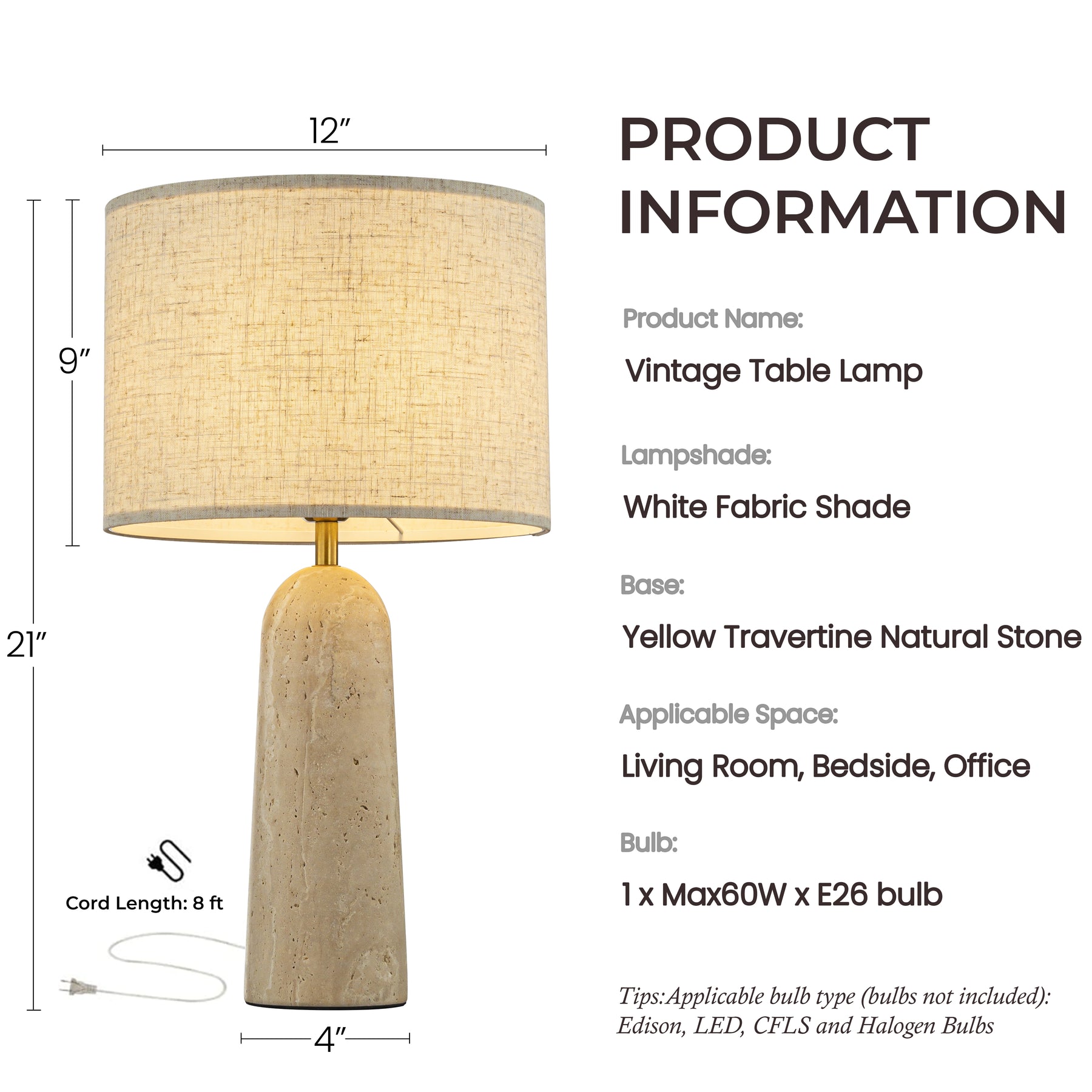 1-Light 21'' Vintage Classic Natural Travetine Tapered Table Lamp With Beige Linen Shade For Bedroom and Living Room