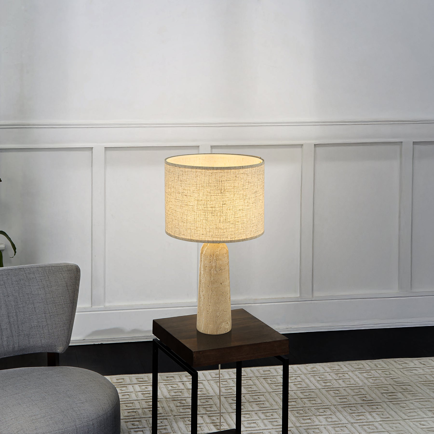 1-Light 21'' Vintage Classic Natural Travetine Tapered Table Lamp With Beige Linen Shade For Bedroom and Living Room