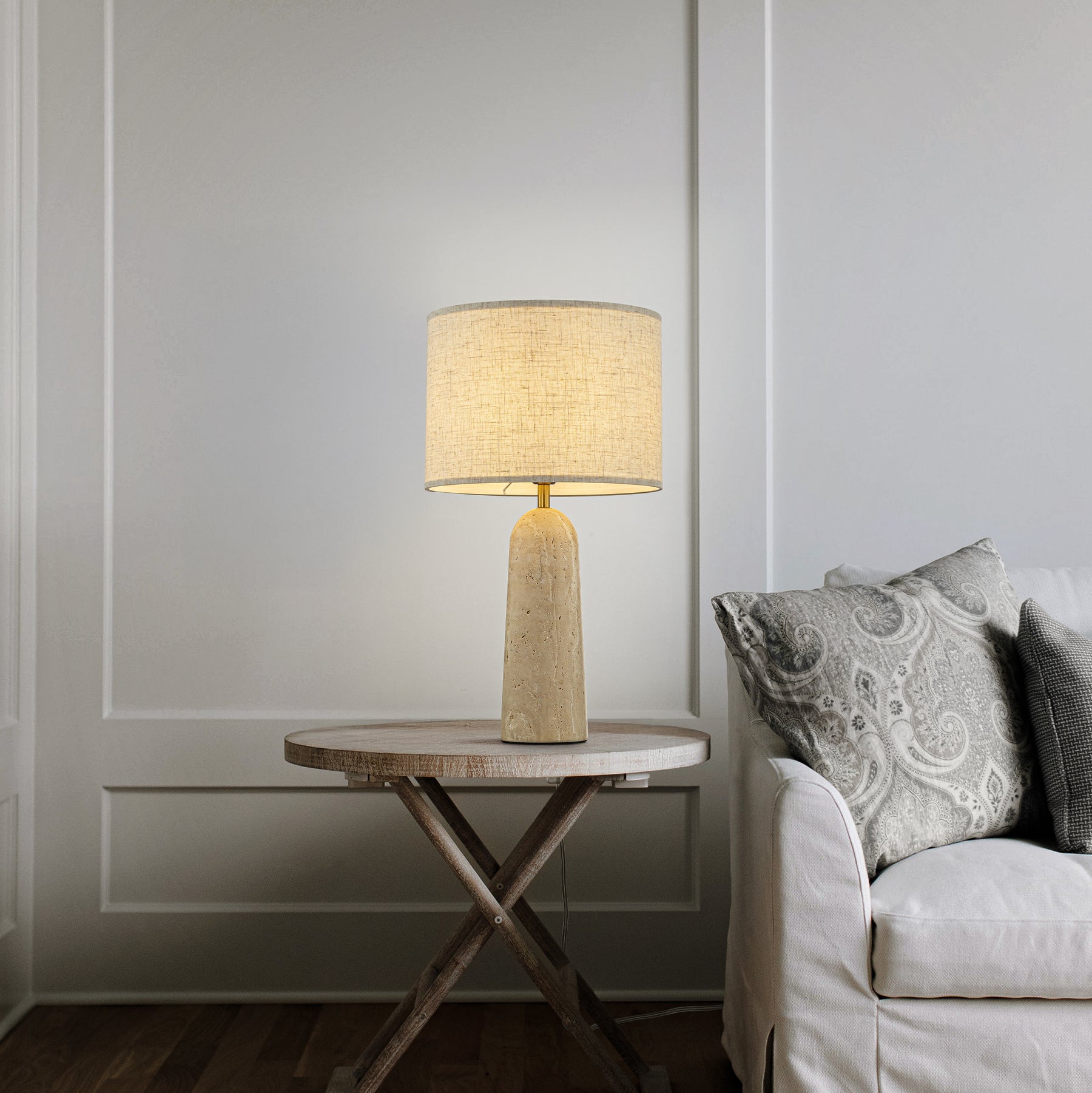 1-Light 21'' Vintage Classic Natural Travetine Tapered Table Lamp With Beige Linen Shade For Bedroom and Living Room