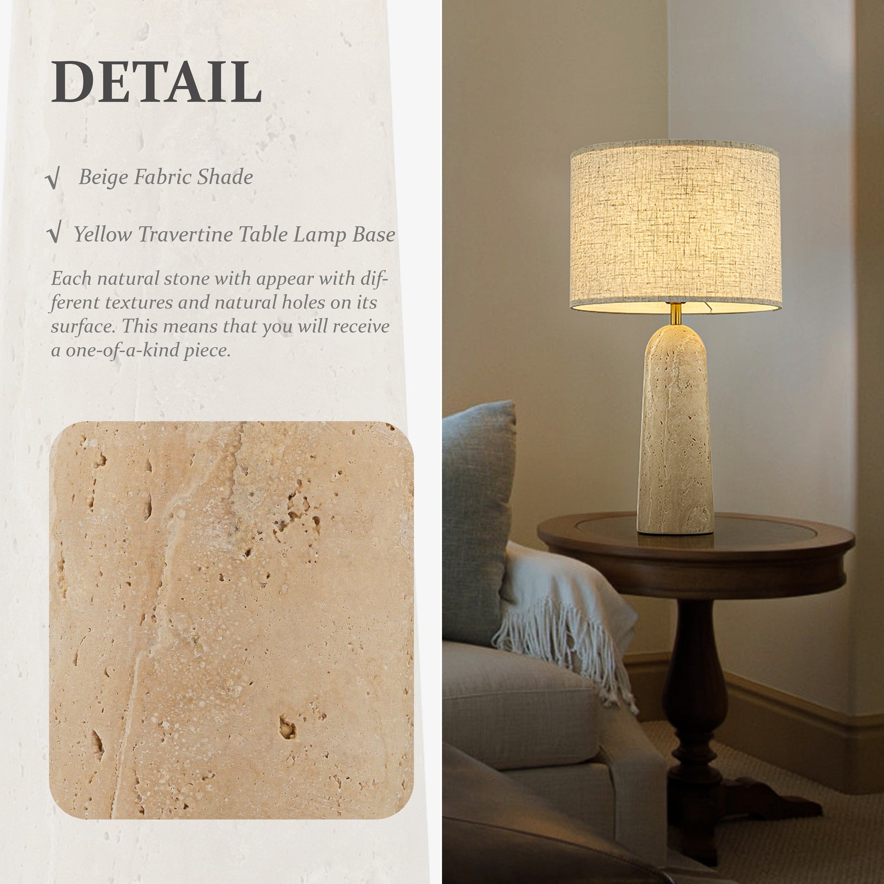1-Light 21'' Vintage Classic Natural Travetine Tapered Table Lamp With Beige Linen Shade For Bedroom and Living Room
