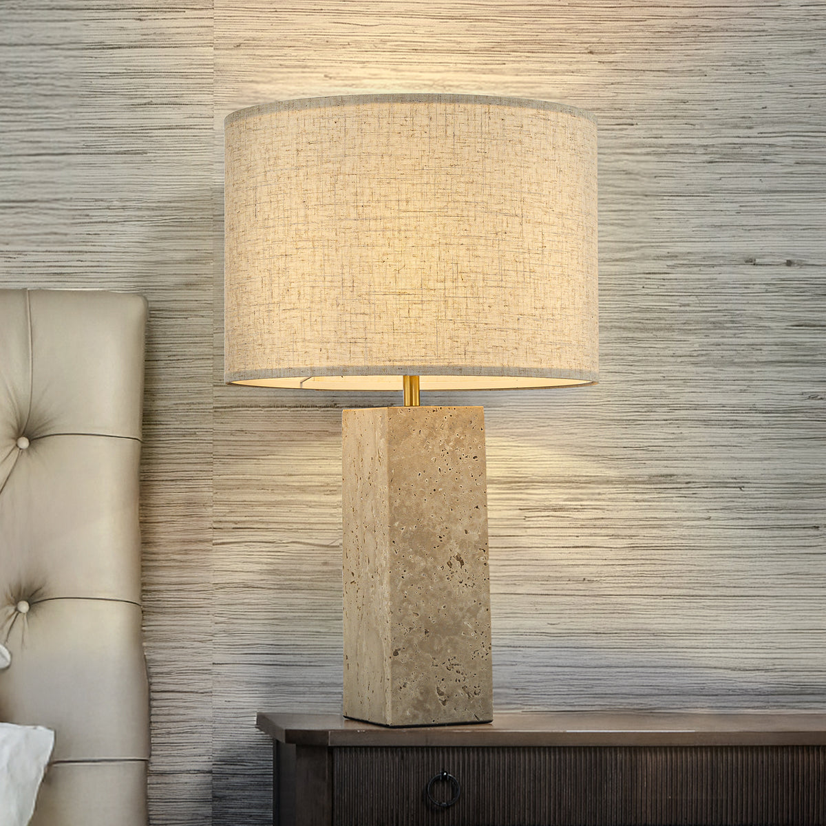 1-Light 22'' Modern Coastal Natural Rectangular Travetine Table Lamp With Beige Linen Shade For Bedroom and Living Room