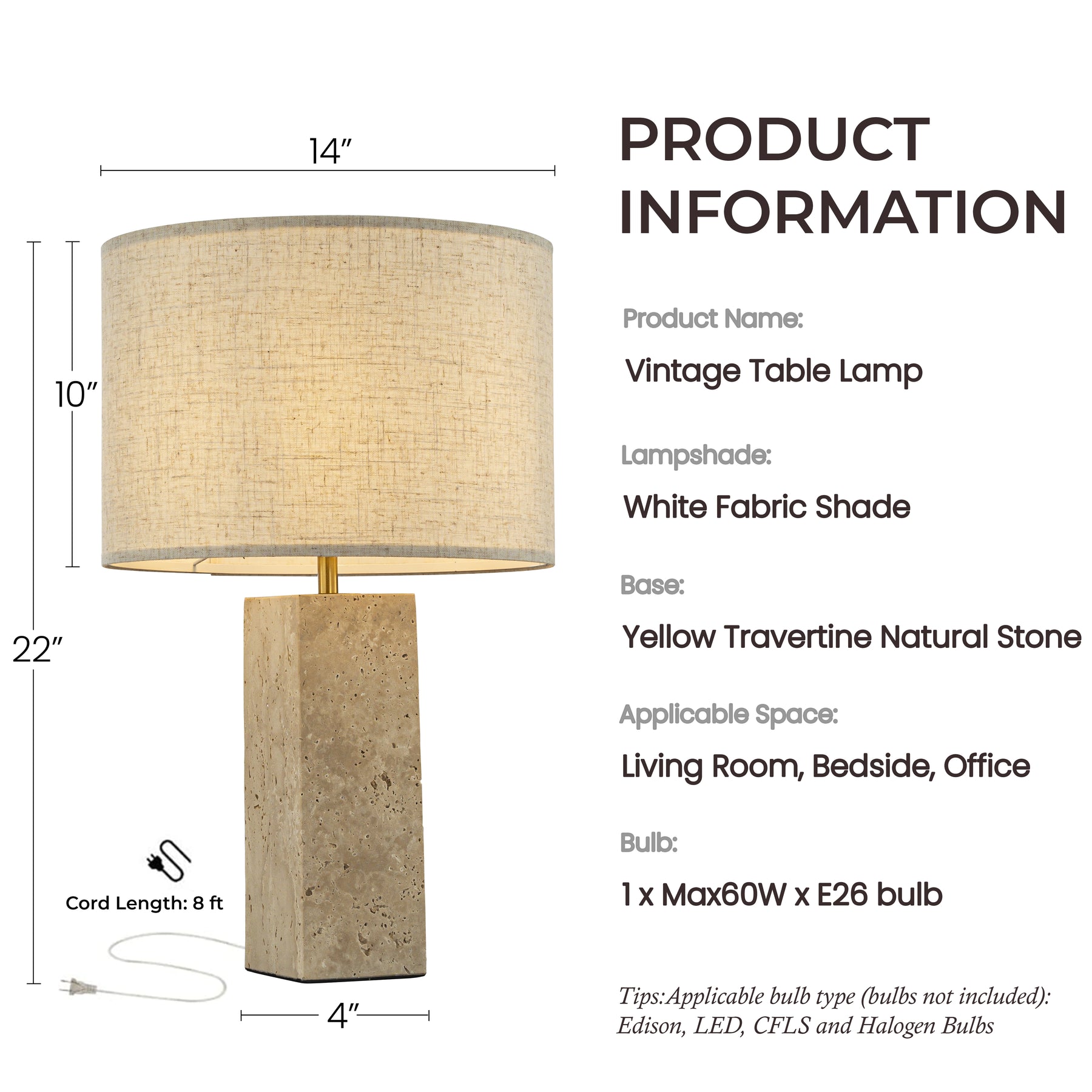 1-Light 22'' Modern Coastal Natural Rectangular Travetine Table Lamp With Beige Linen Shade For Bedroom and Living Room