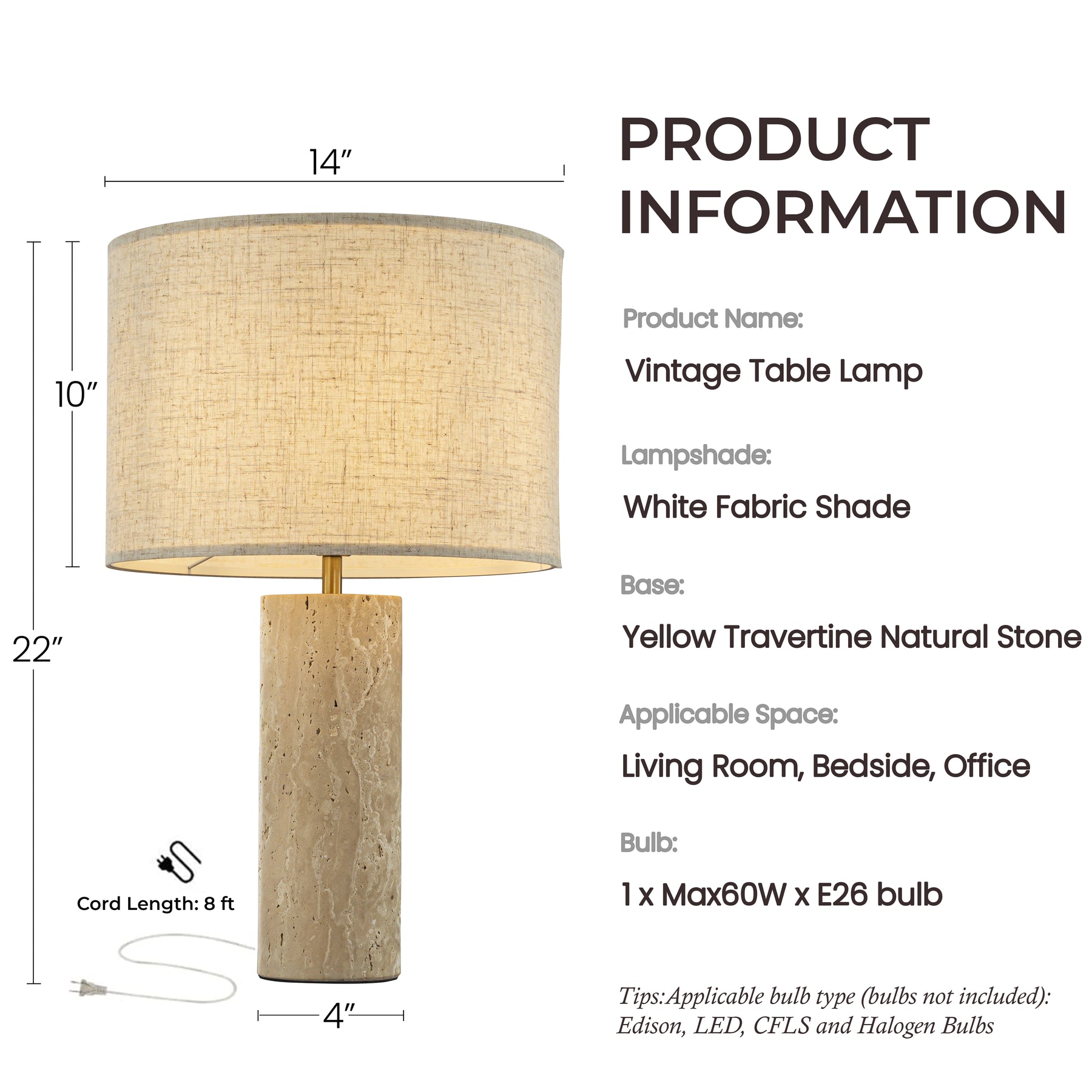 1-Light 22'' Modern Coastal Natural Cylinder Travetine Table Lamp With Beige Linen Shade For Bedroom and Living Room