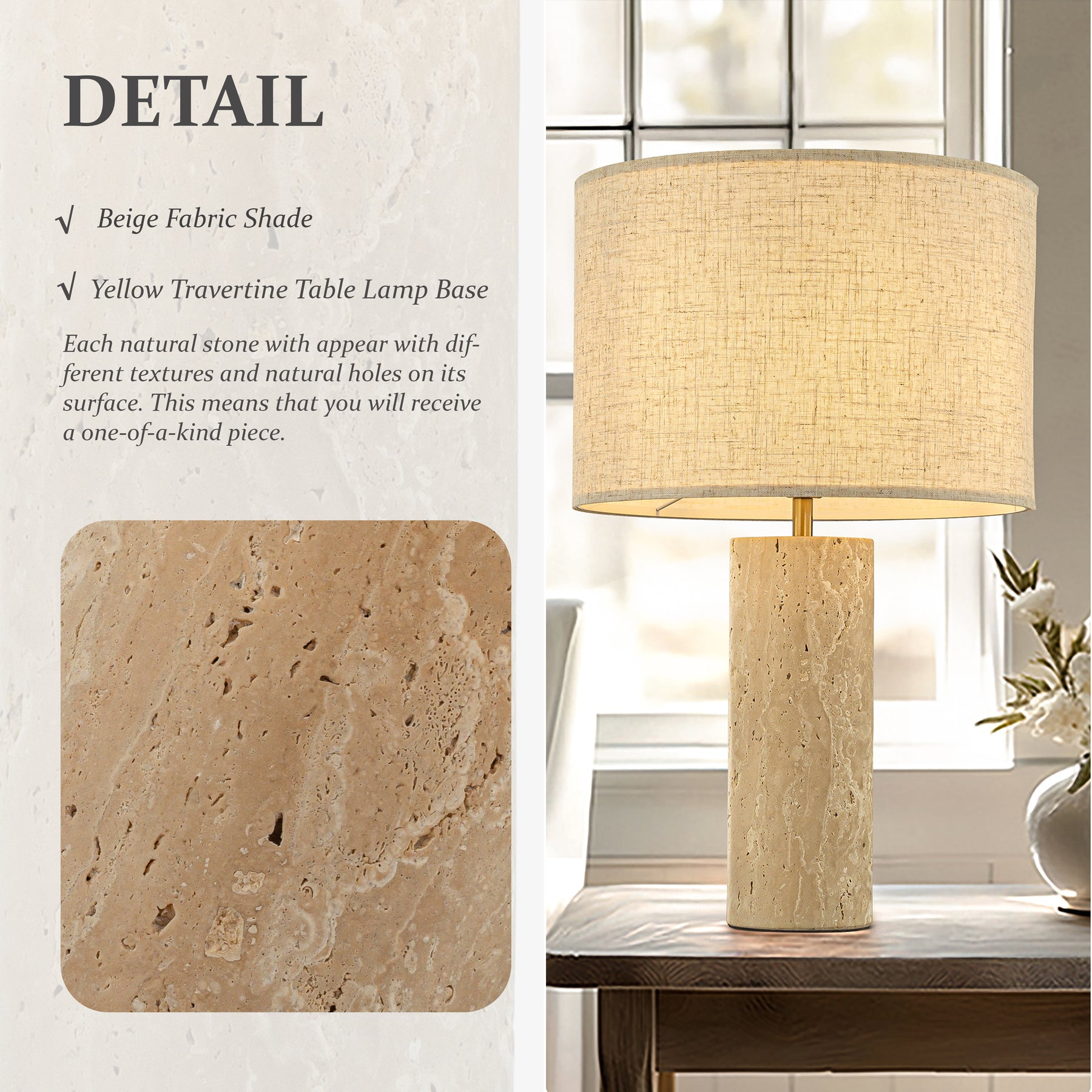 1-Light 22'' Modern Coastal Natural Cylinder Travetine Table Lamp With Beige Linen Shade For Bedroom and Living Room