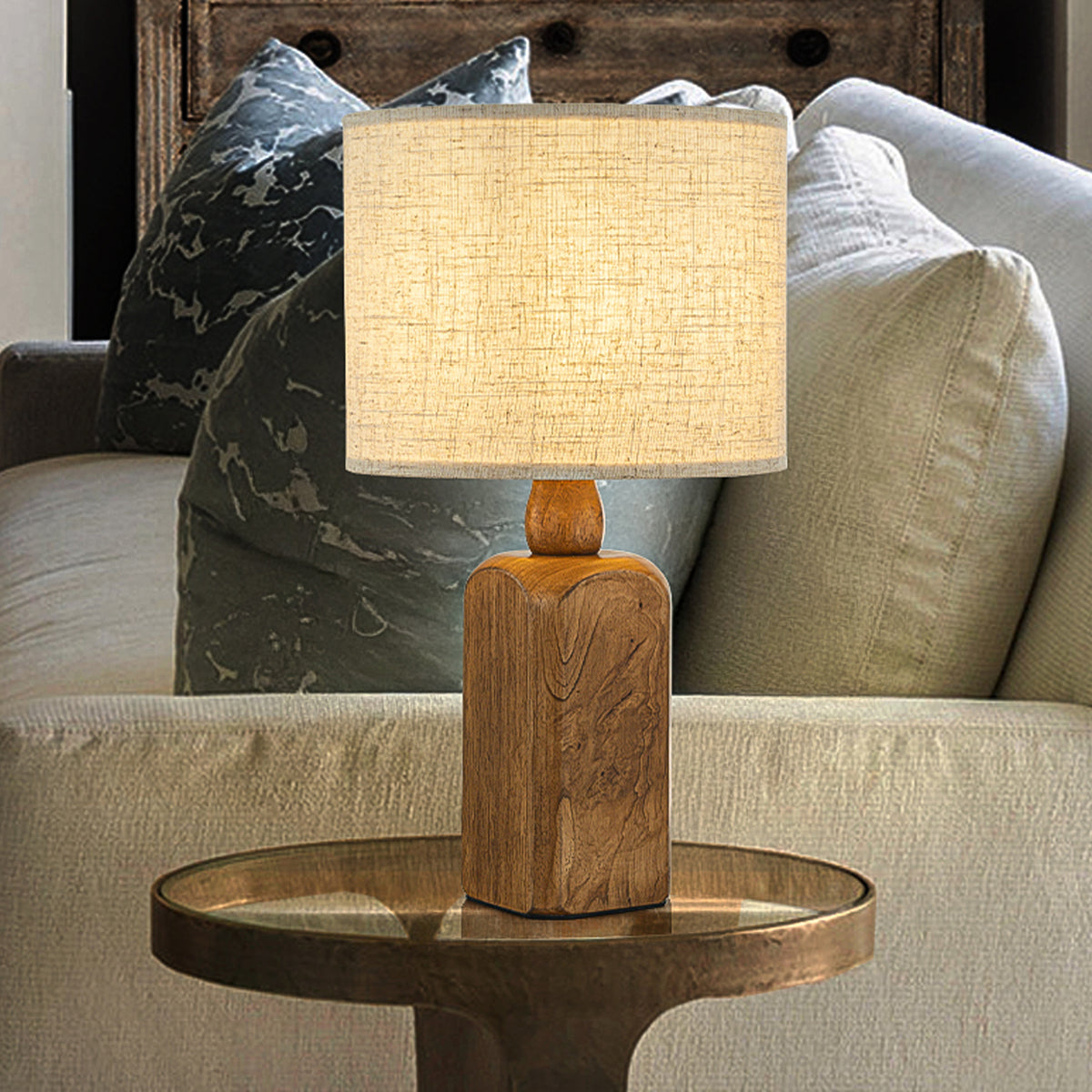 18''Farmhouse Traditional Natural Brown Solid Wood Base Table Lamp with Beige Fabric Shade for Bedroom Living Room