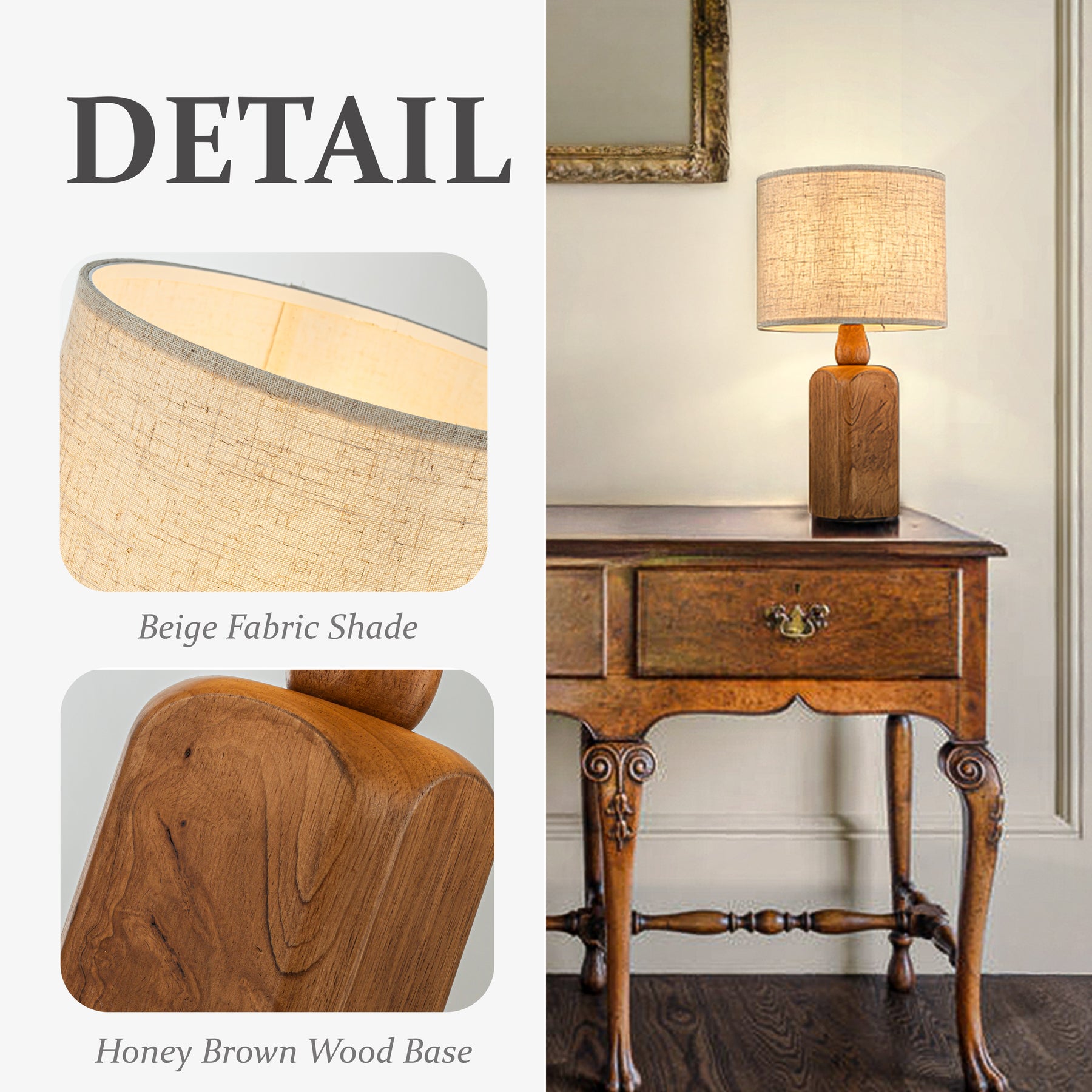 18''Farmhouse Traditional Natural Brown Solid Wood Base Table Lamp with Beige Fabric Shade for Bedroom Living Room
