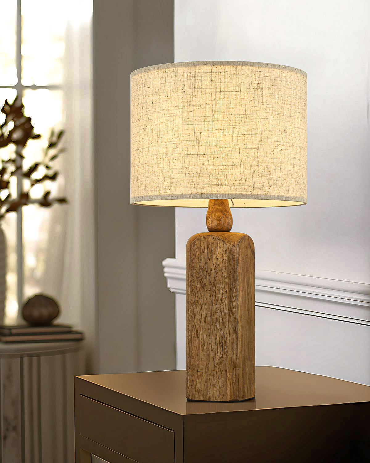 22''Farmhouse Traditional Natural Solid Wood Table Lamp with Beige Fabri Drum Shade for Bedroom Living Room