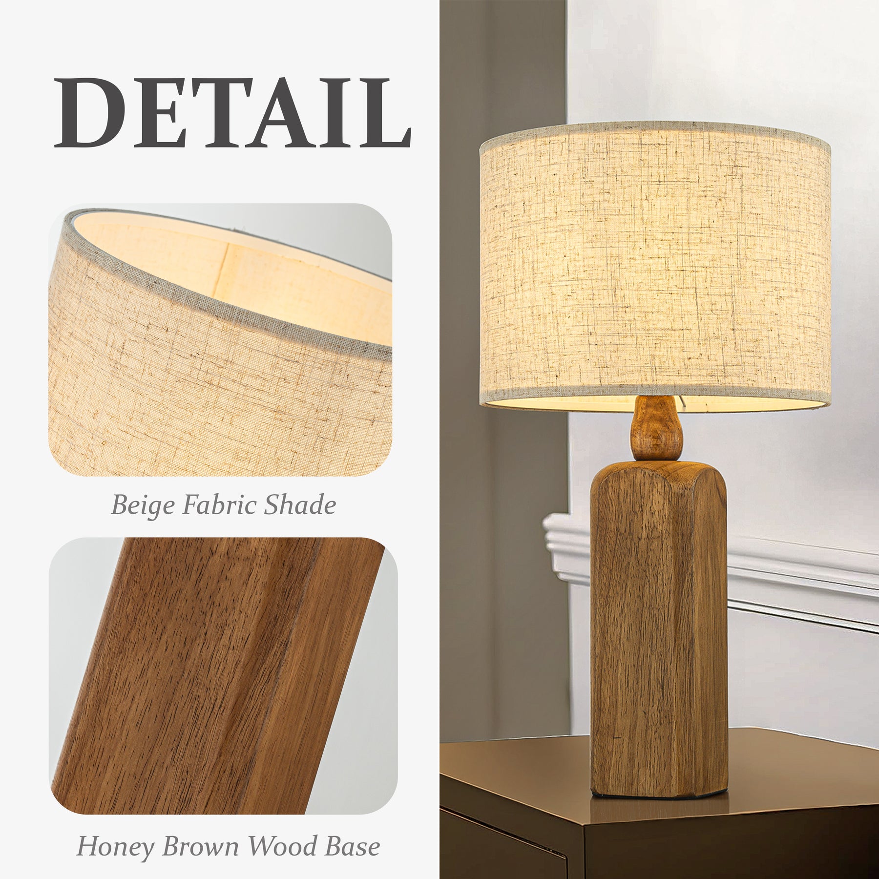 22''Farmhouse Traditional Natural Solid Wood Table Lamp with Beige Fabri Drum Shade for Bedroom Living Room