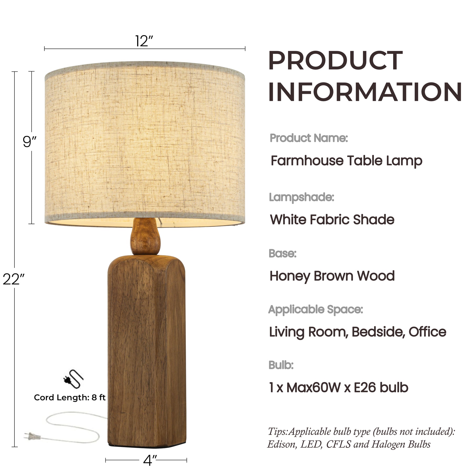 22''Farmhouse Traditional Natural Solid Wood Table Lamp with Beige Fabri Drum Shade for Bedroom Living Room