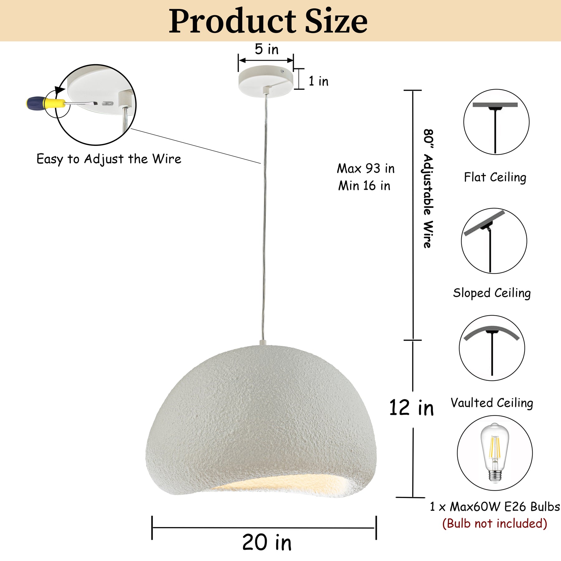 1 Lights W20in Modern Dome Pendant Light Single Modern White Chandelier for Dining Room Industrial Concrete Shade Hanging Light