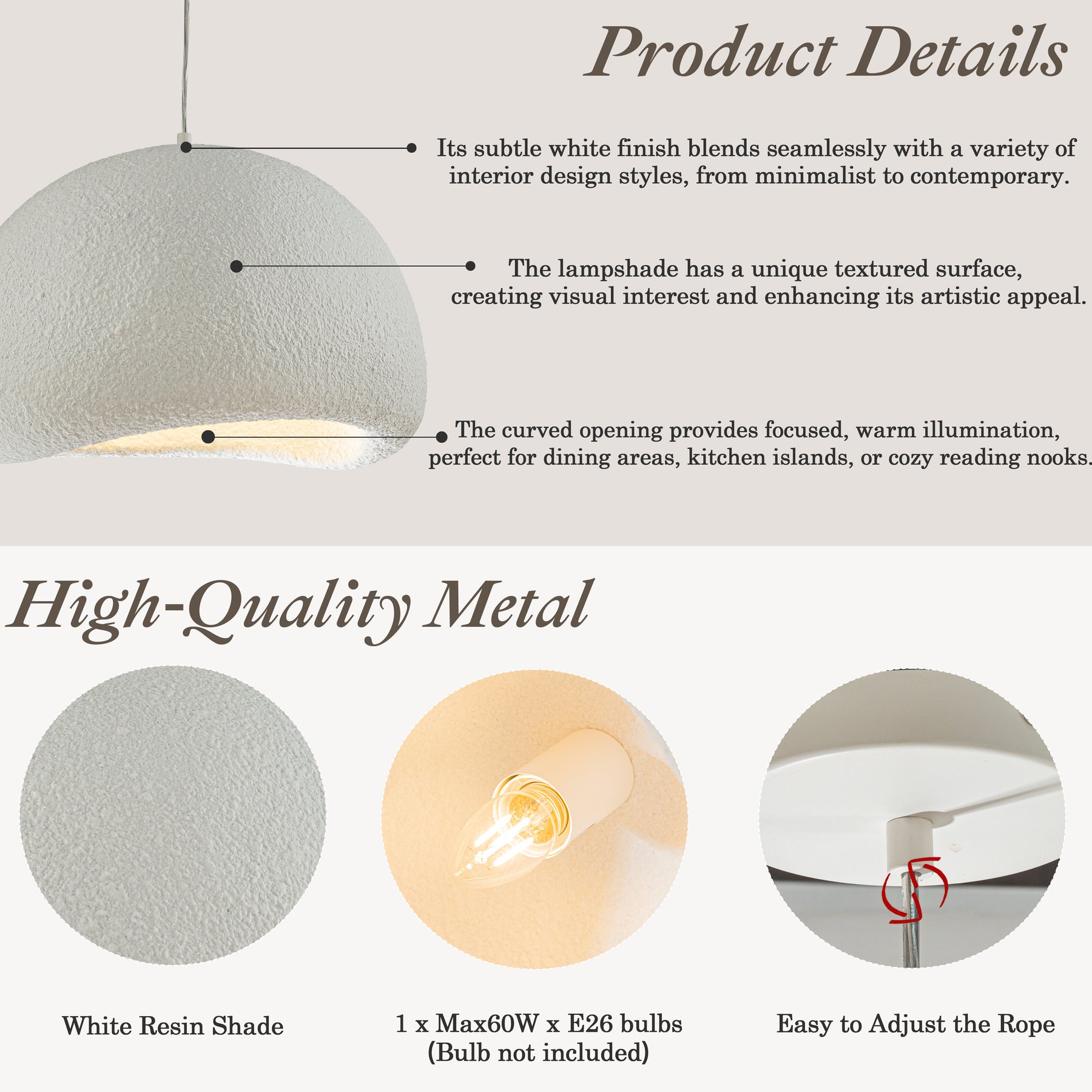 1 Lights W20in Modern Dome Pendant Light Single Modern White Chandelier for Dining Room Industrial Concrete Shade Hanging Light